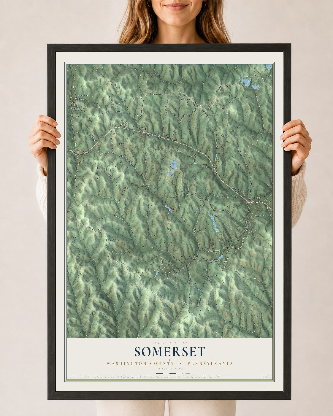 Map of Somerset, Washington County, Pennsylvania, 24 x 36 inch print in a black wood frame