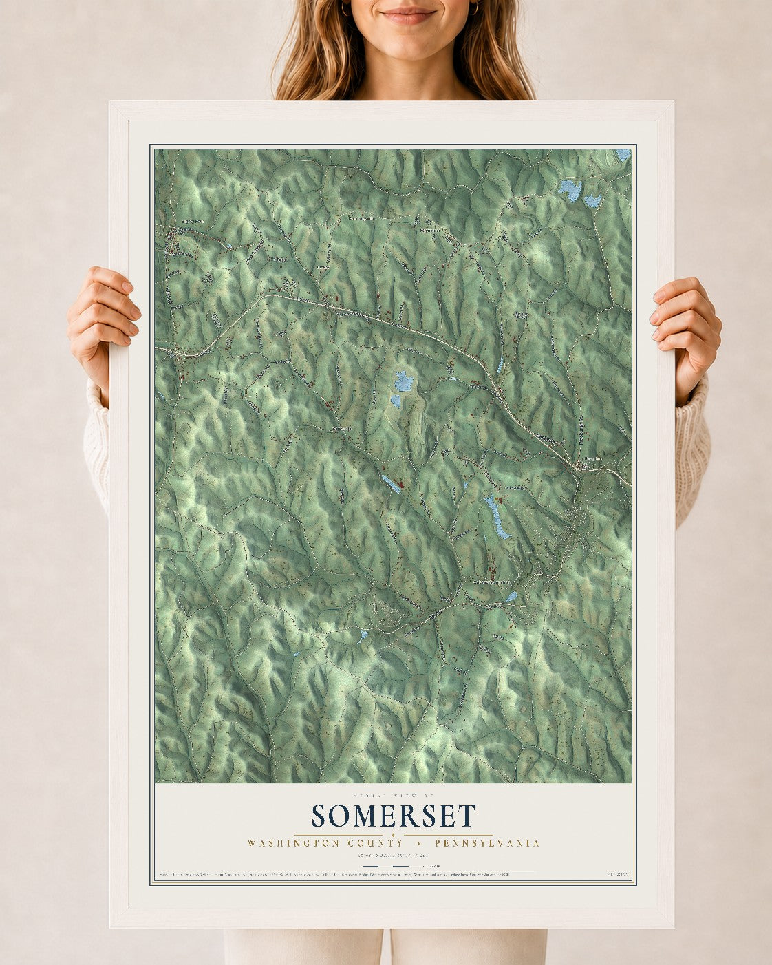 Map of Somerset, Washington County, Pennsylvania, 24 x 36 inch print in a white wood frame