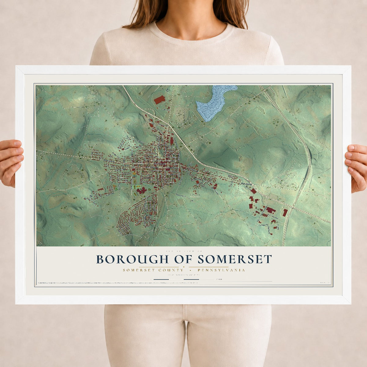 Map of the Borough of Somerset, Somerset County, Pennsylvania, 18 x 24 inch print in a white wood frame