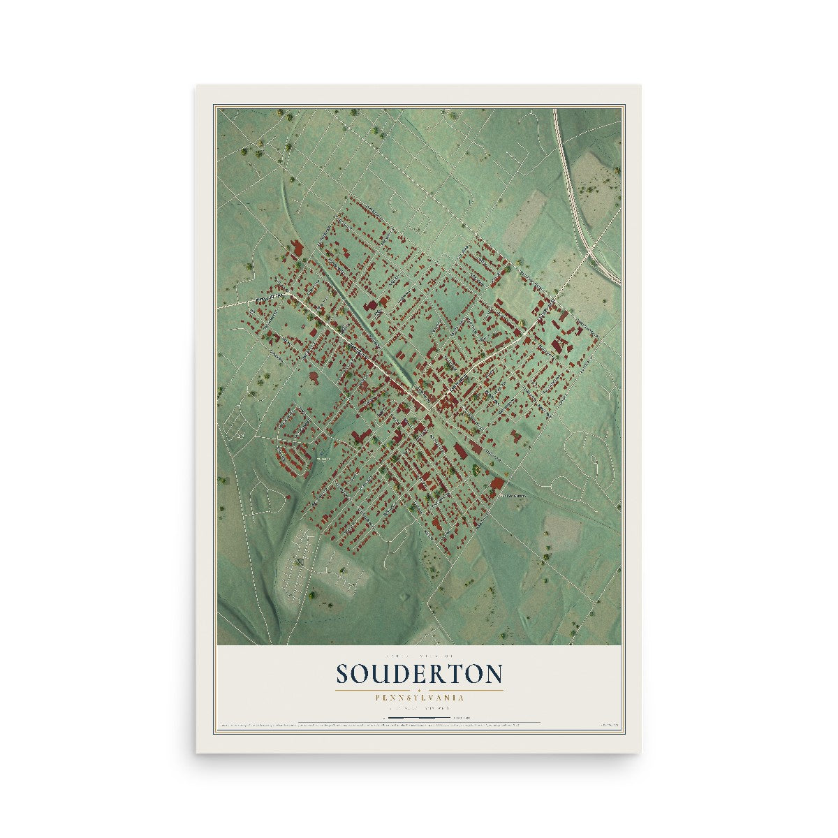 Map of Souderton, Pennsylvania, 12 x 18 inch unframed archival matte print
