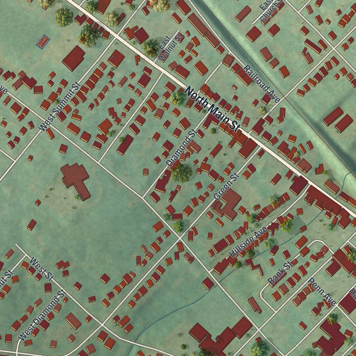 Second close-up of the map of Souderton, Pennsylvania print showing more streets and buildings