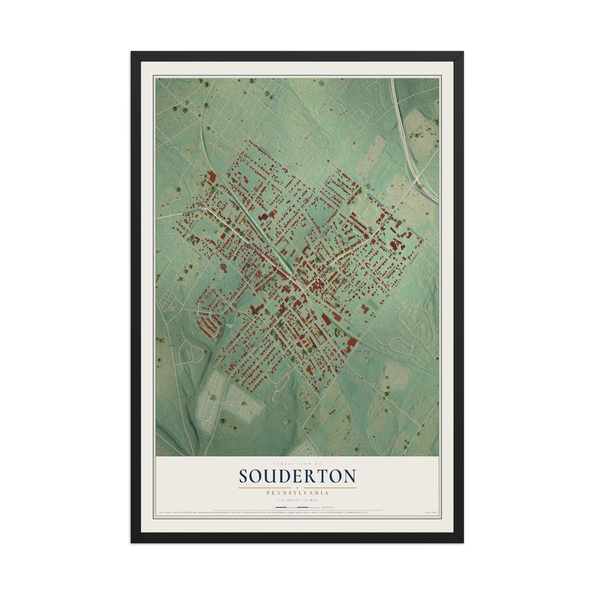 Map of Souderton, Pennsylvania, 12 x 18 inch print in a black wood frame