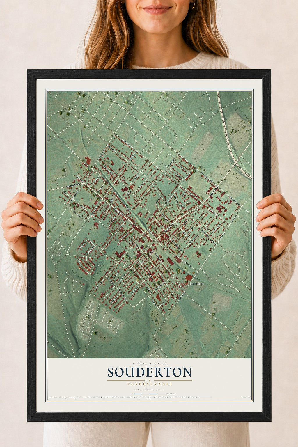 Map of Souderton, Pennsylvania, 18 x 24 inch print in a black wood frame