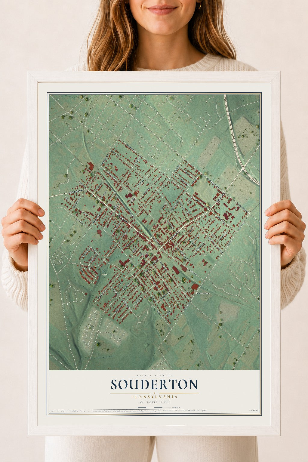 Map of Souderton, Pennsylvania, 18 x 24 inch print in a white wood frame