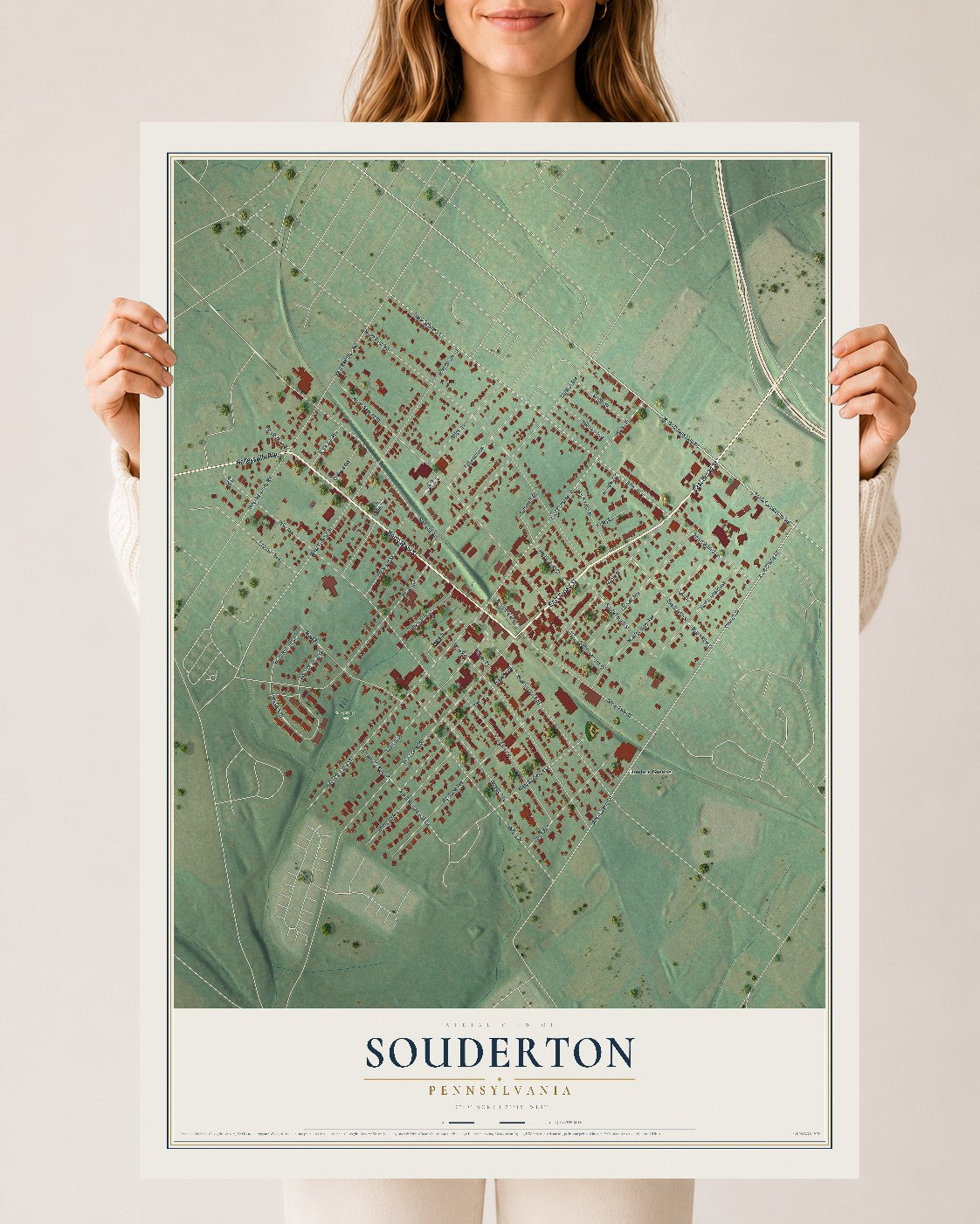 Map of Souderton, Pennsylvania, 24 x 36 inch unframed archival matte print
