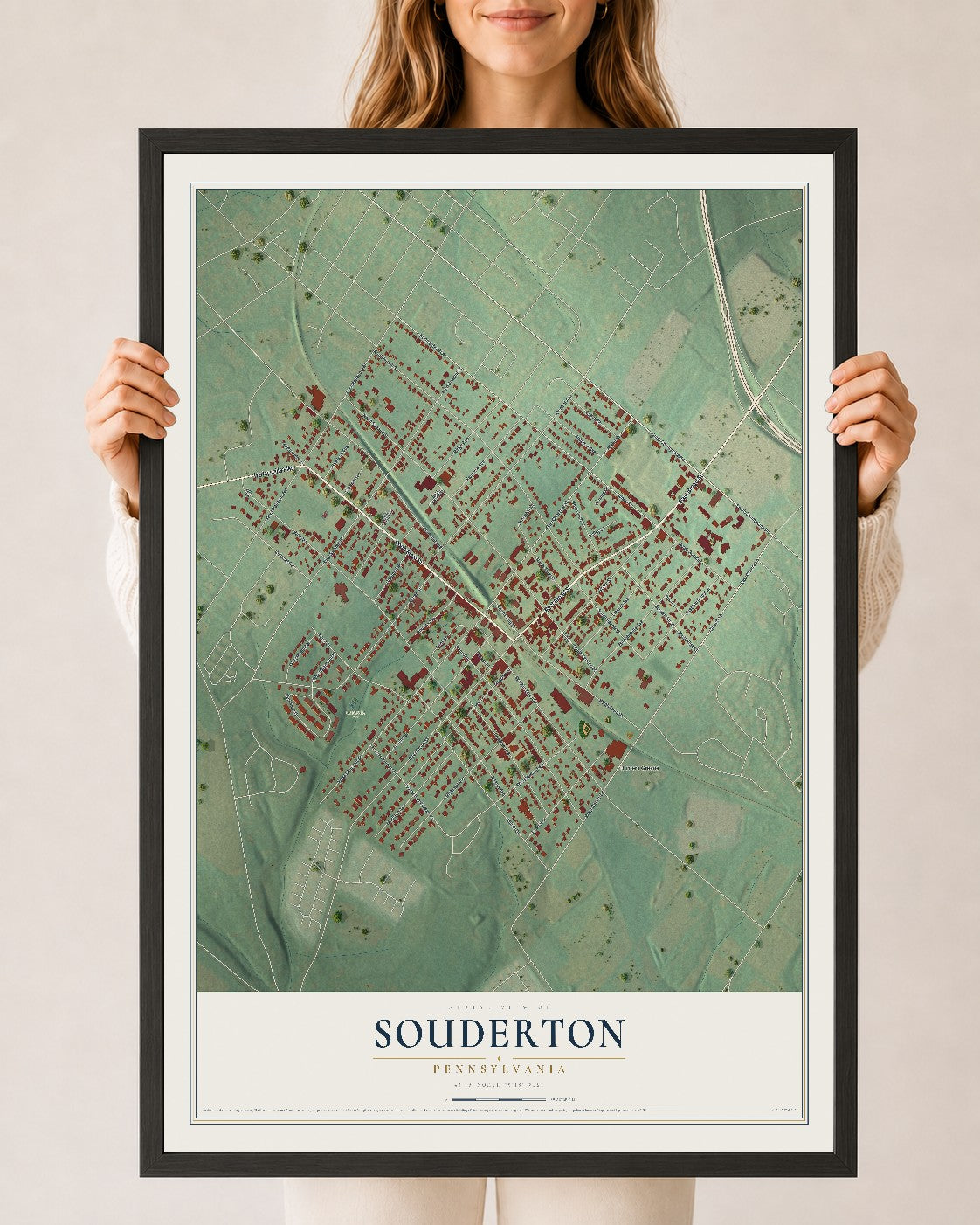 Map of Souderton, Pennsylvania, 24 x 36 inch print in a black wood frame