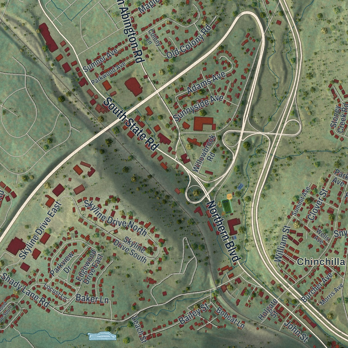 Close-up of the map of South Abington, Pennsylvania print showing street and building detail