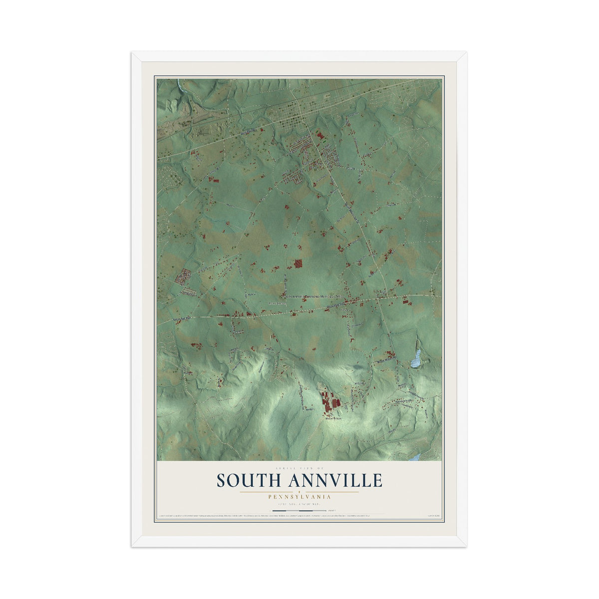 Map of South Annville, Pennsylvania, 12 x 18 inch print in a white wood frame