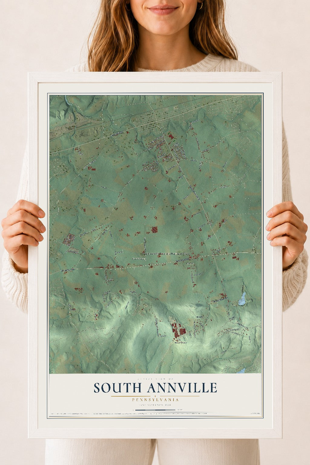 Map of South Annville, Pennsylvania, 18 x 24 inch print in a white wood frame