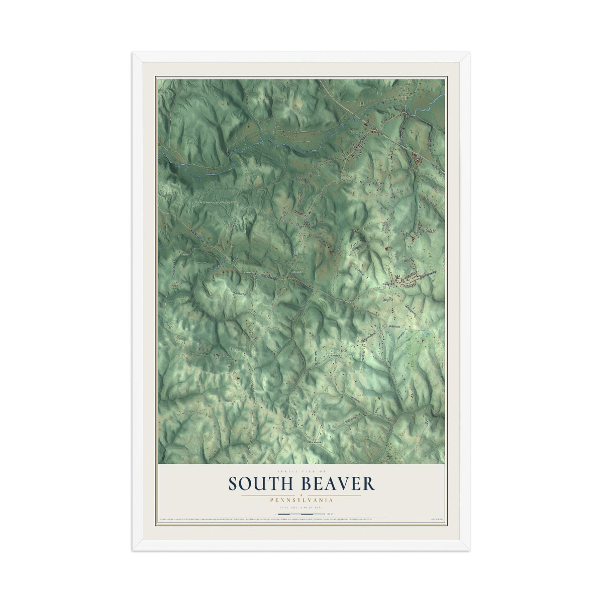 Map of South Beaver, Pennsylvania, 12 x 18 inch print in a white wood frame