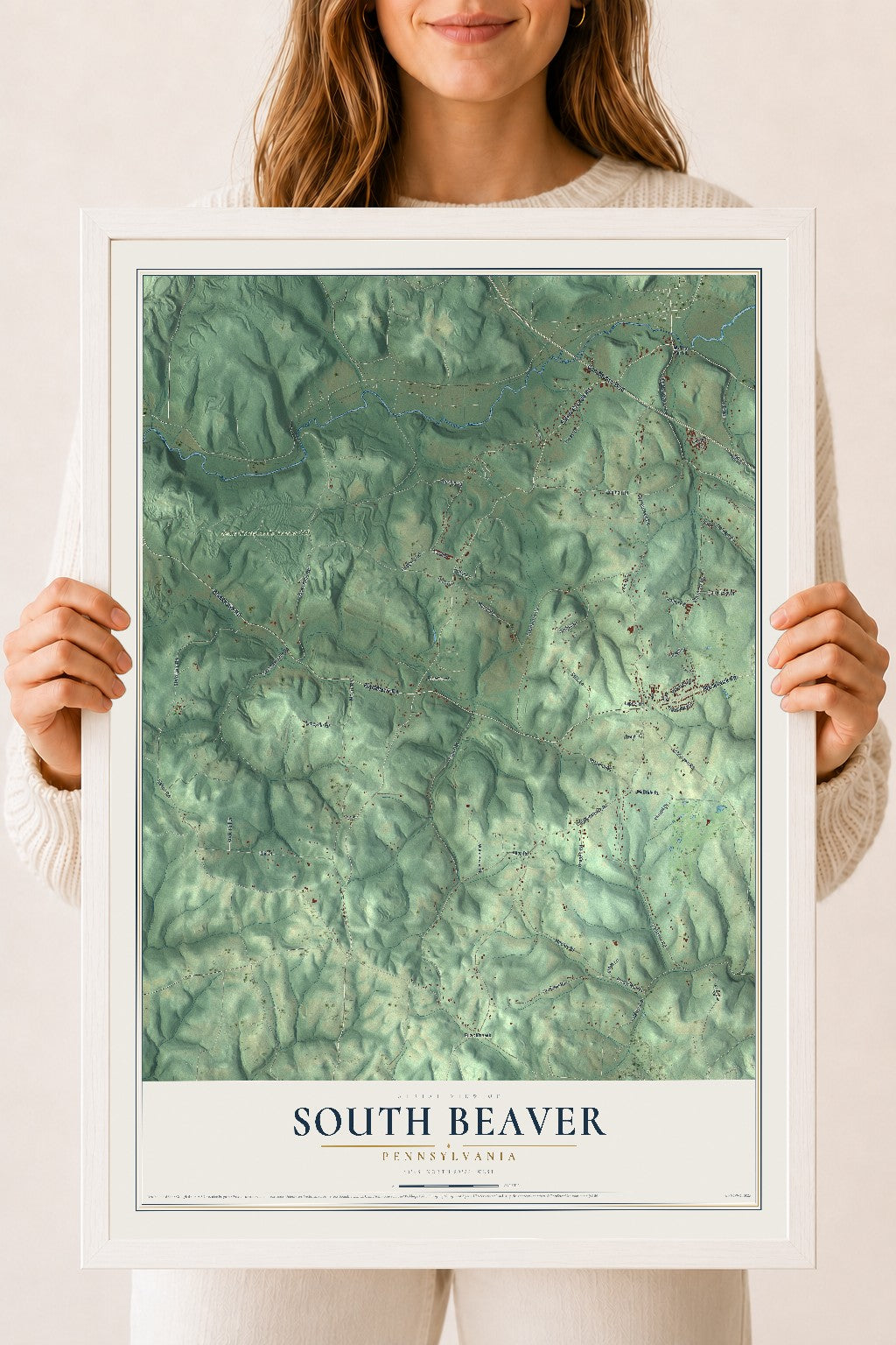 Map of South Beaver, Pennsylvania, 18 x 24 inch print in a white wood frame