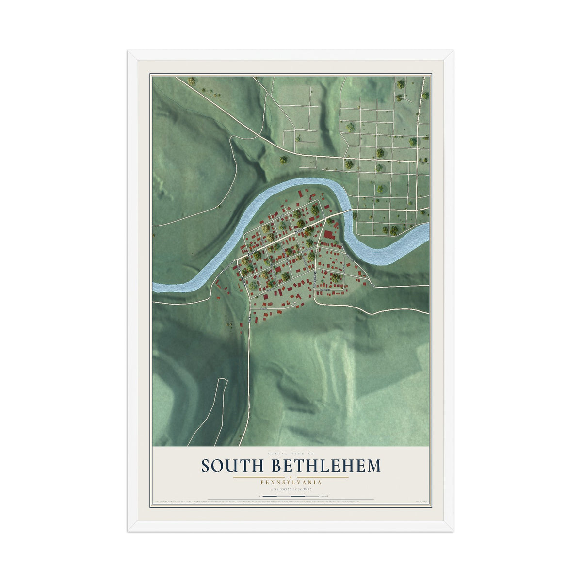 Map of South Bethlehem, Pennsylvania, 12 x 18 inch print in a white wood frame