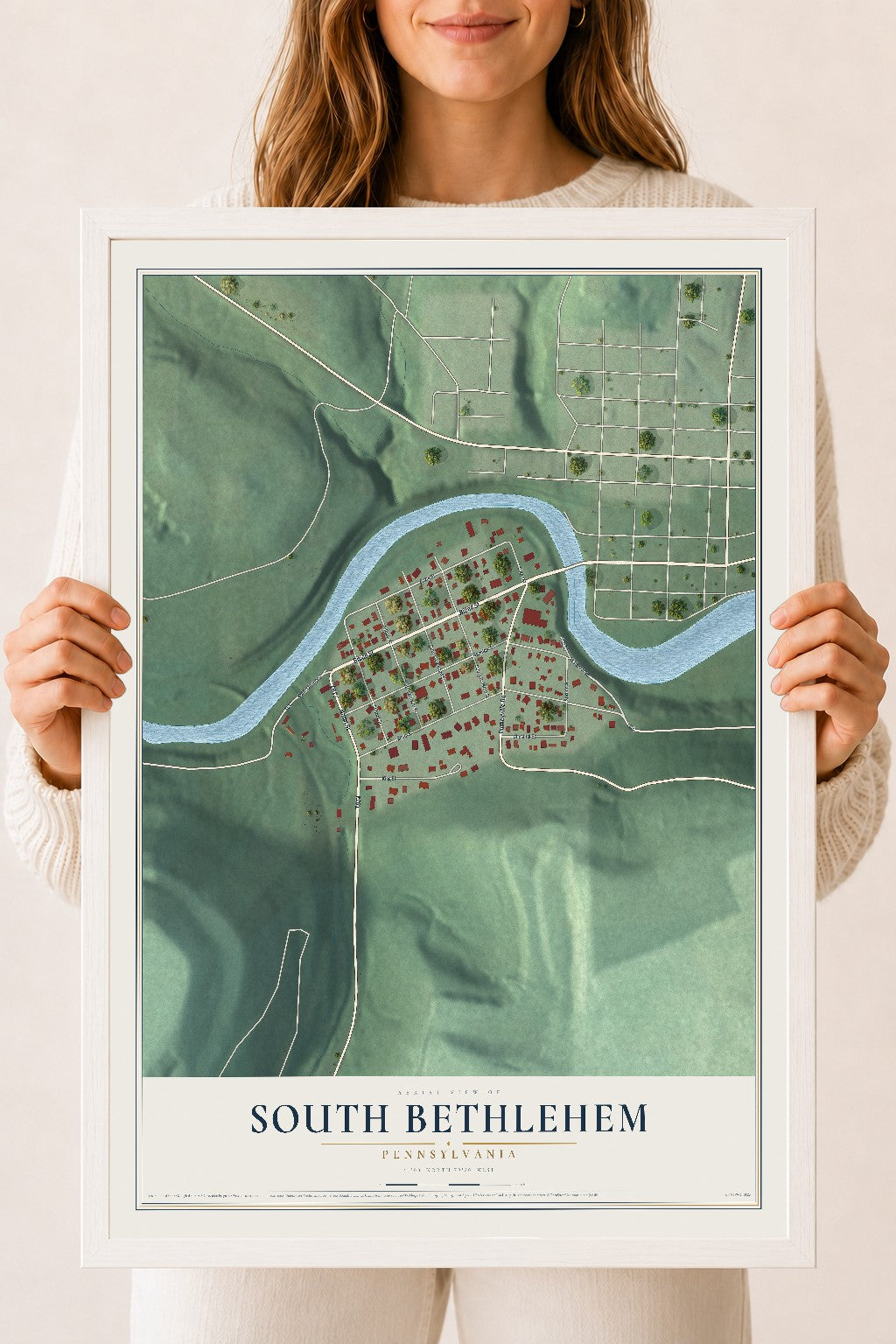 Map of South Bethlehem, Pennsylvania, 18 x 24 inch print in a white wood frame