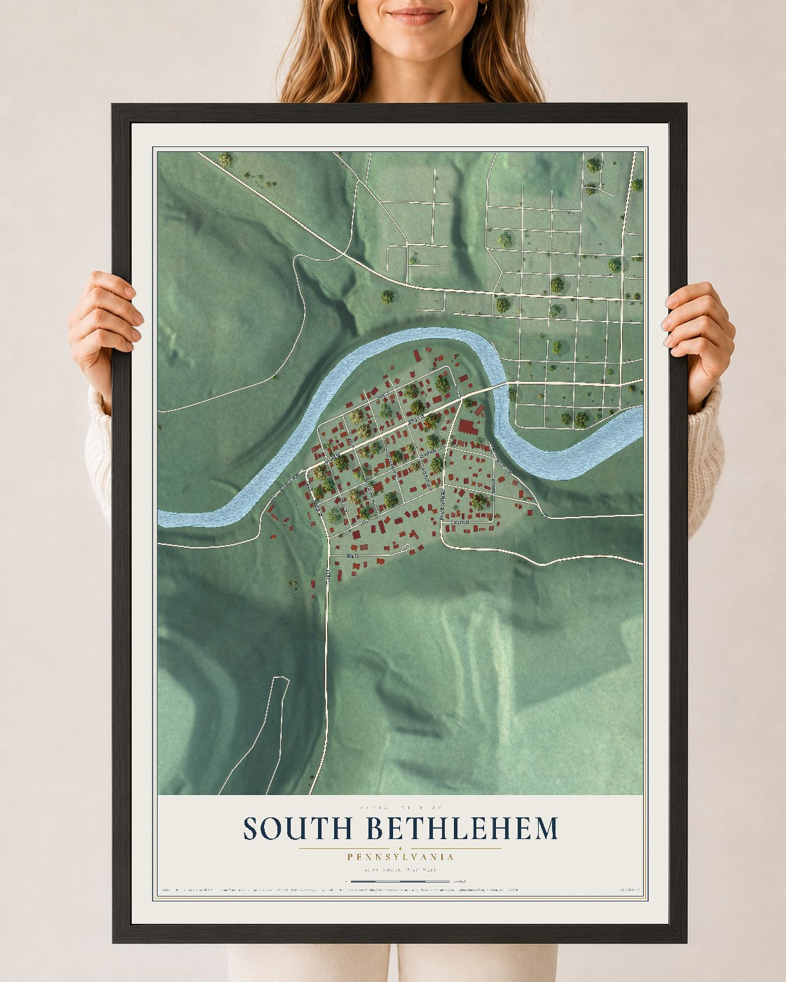 Map of South Bethlehem, Pennsylvania, 24 x 36 inch print in a black wood frame