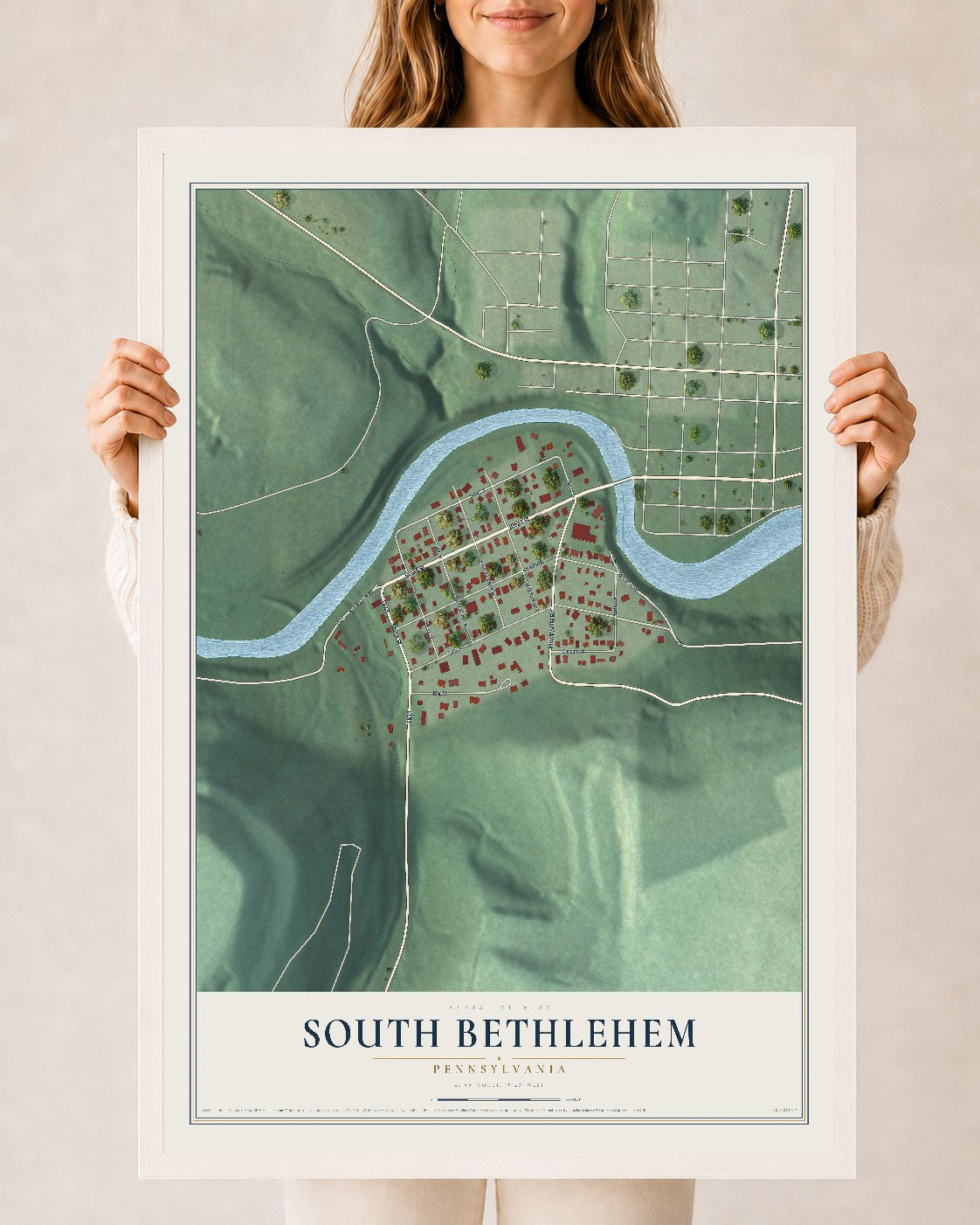 Map of South Bethlehem, Pennsylvania, 24 x 36 inch print in a white wood frame