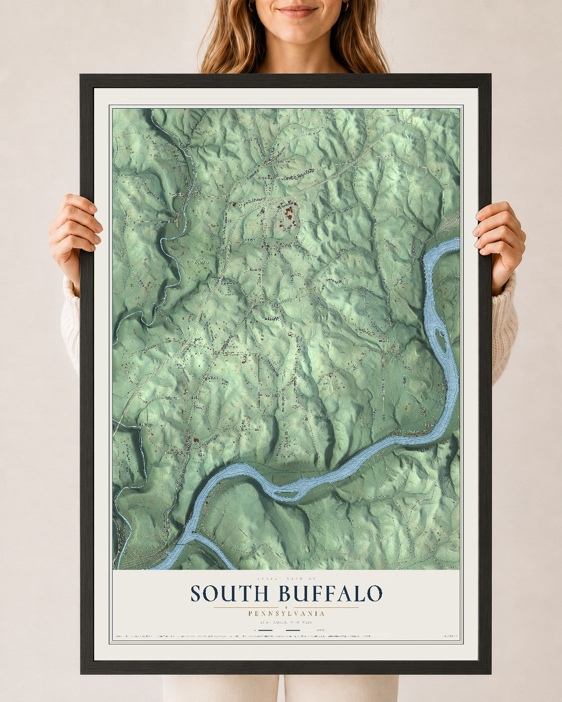 Map of South Buffalo, Pennsylvania, 24 x 36 inch print in a black wood frame