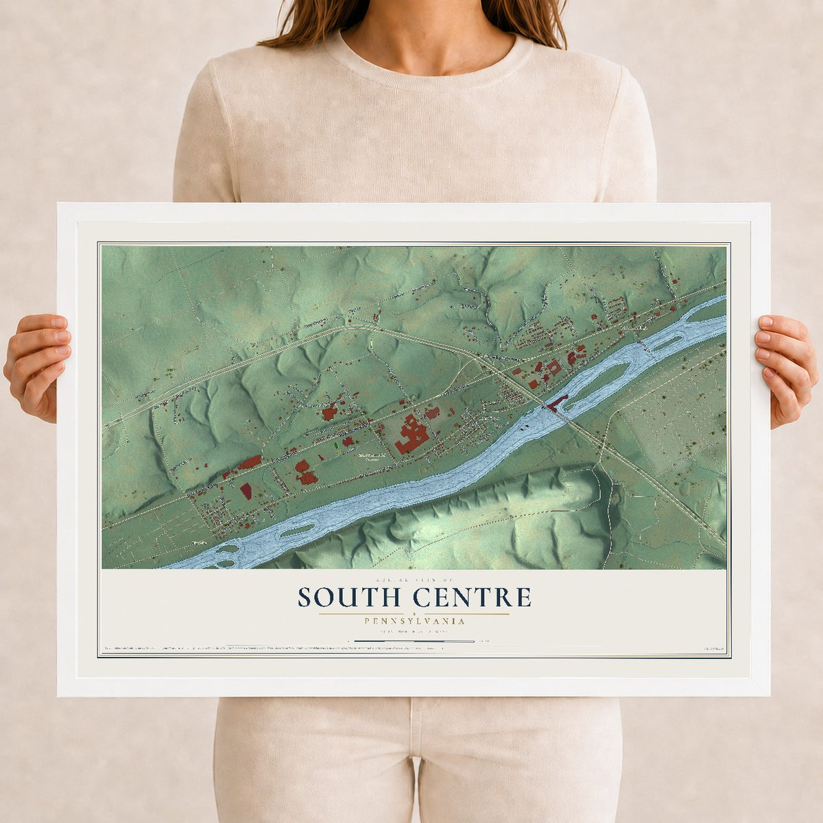 Map of South Centre, Pennsylvania, 12 x 18 inch print in a white wood frame