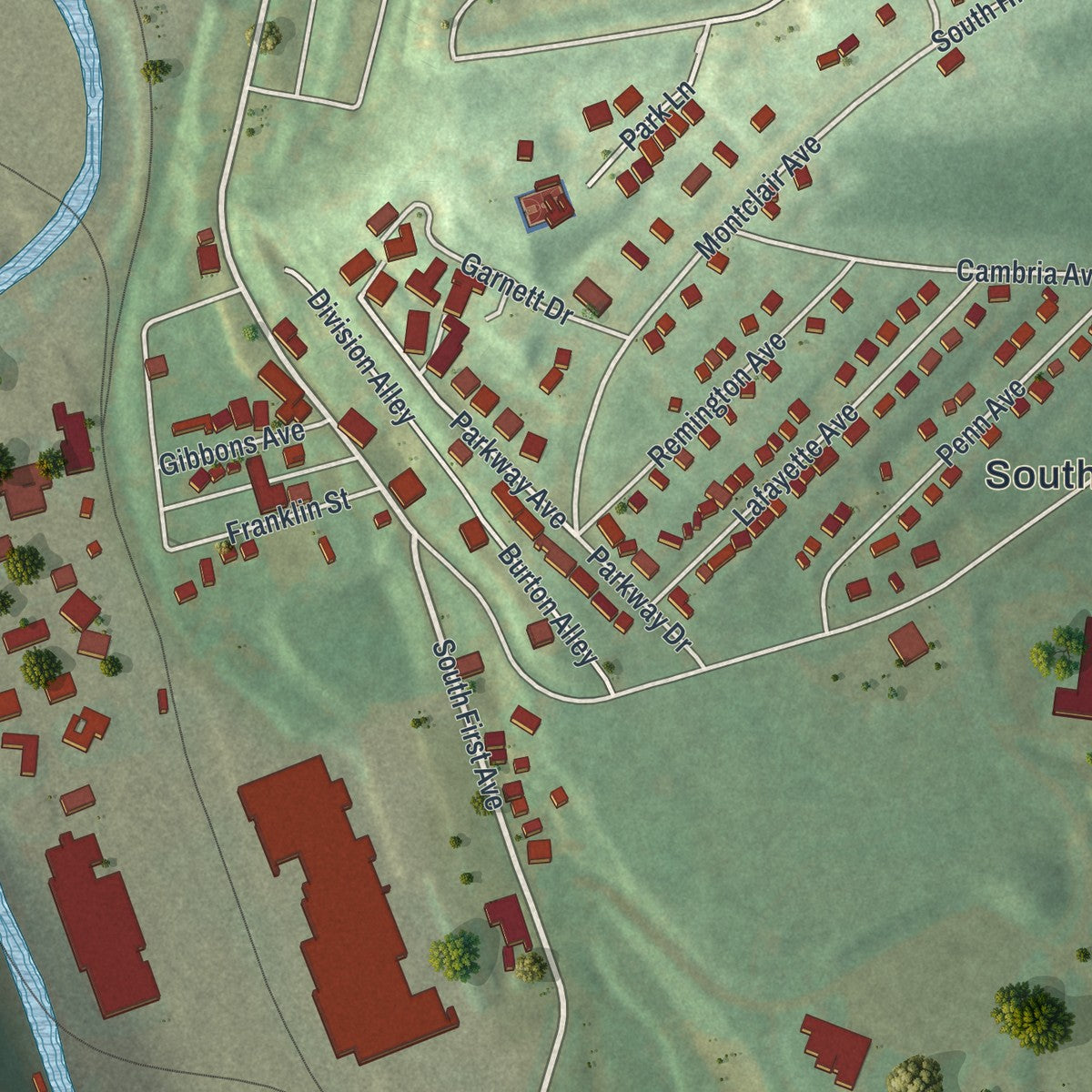 Close-up of the map of South Coatesville, Pennsylvania print showing street and building detail
