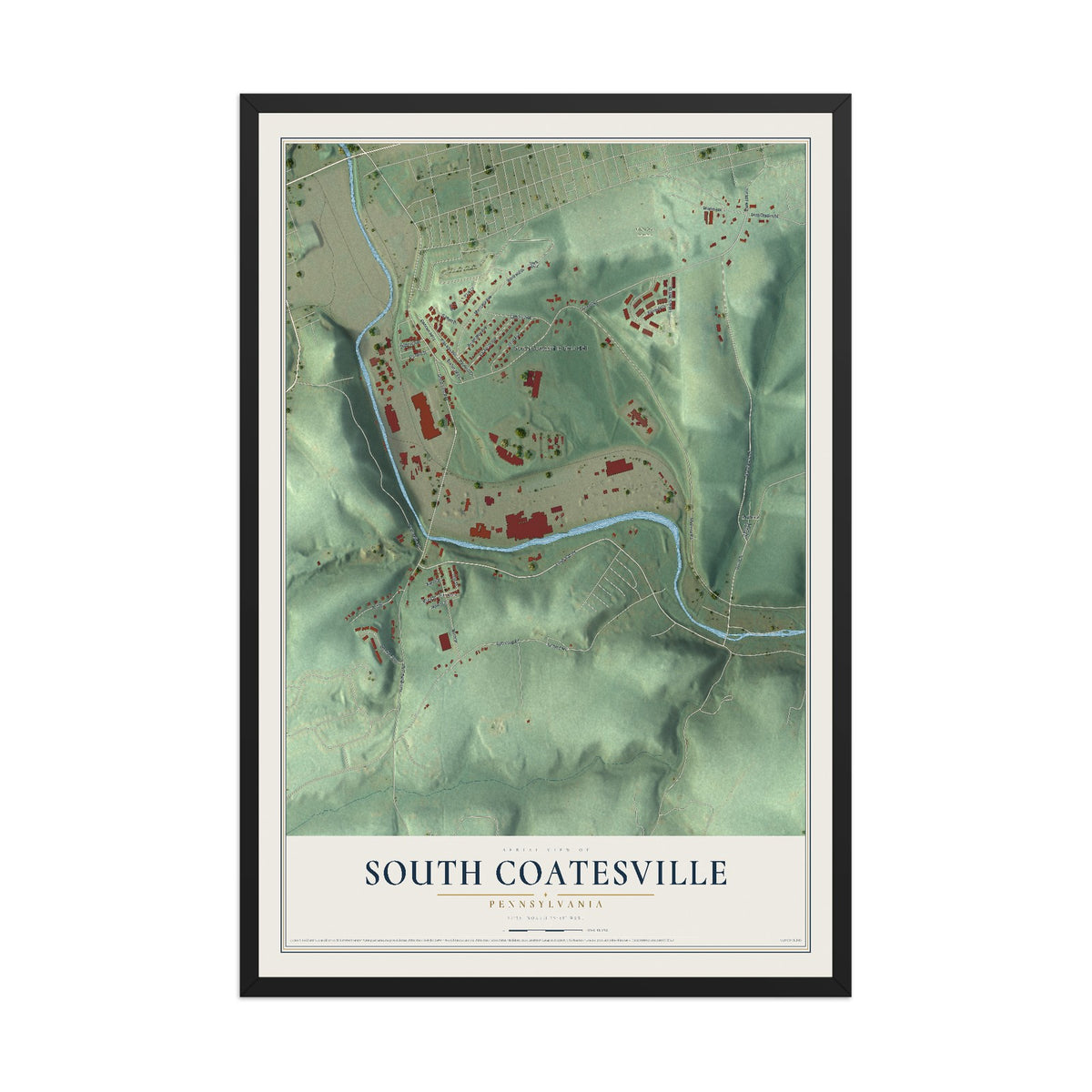 Map of South Coatesville, Pennsylvania, 12 x 18 inch print in a black wood frame