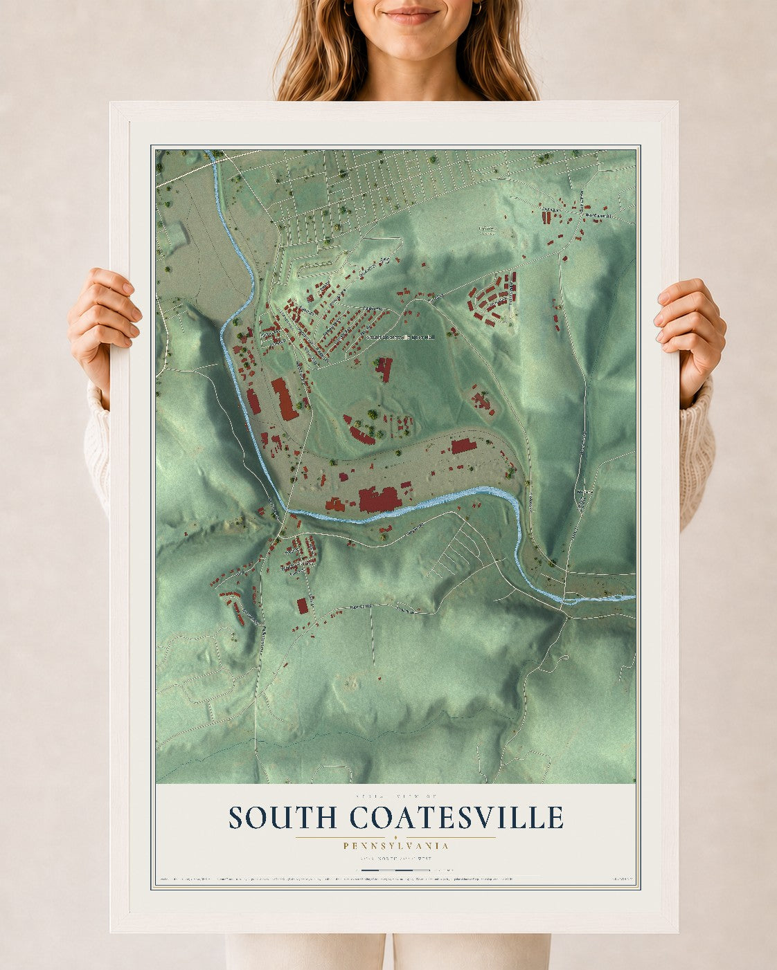 Map of South Coatesville, Pennsylvania, 24 x 36 inch print in a white wood frame
