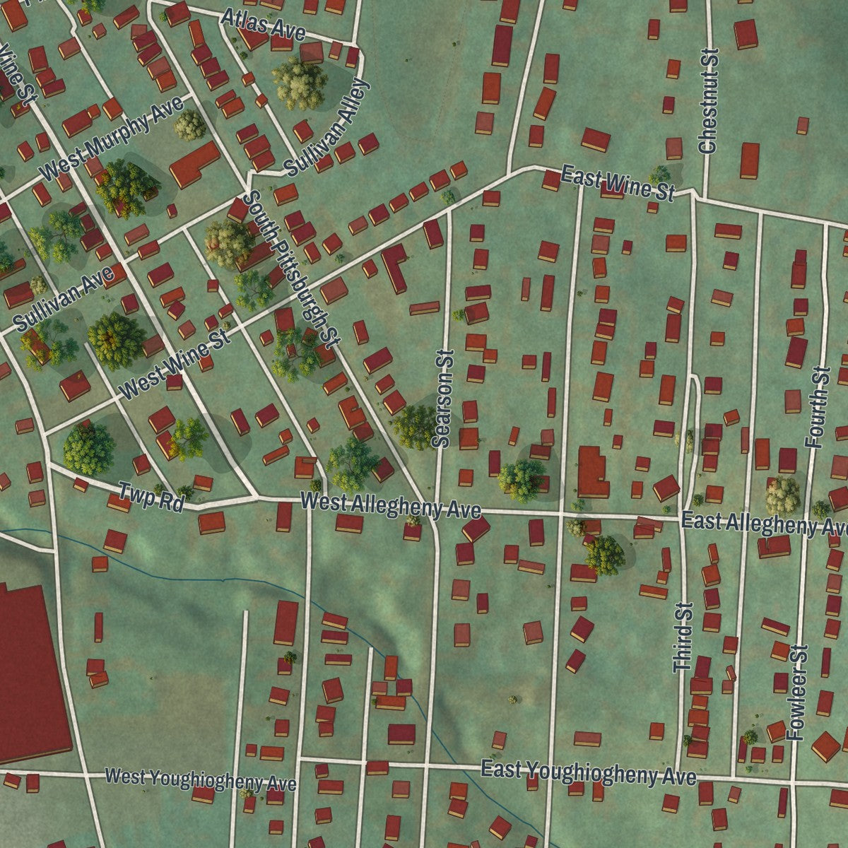 Close-up of the map of South Connellsville, Pennsylvania print showing street and building detail