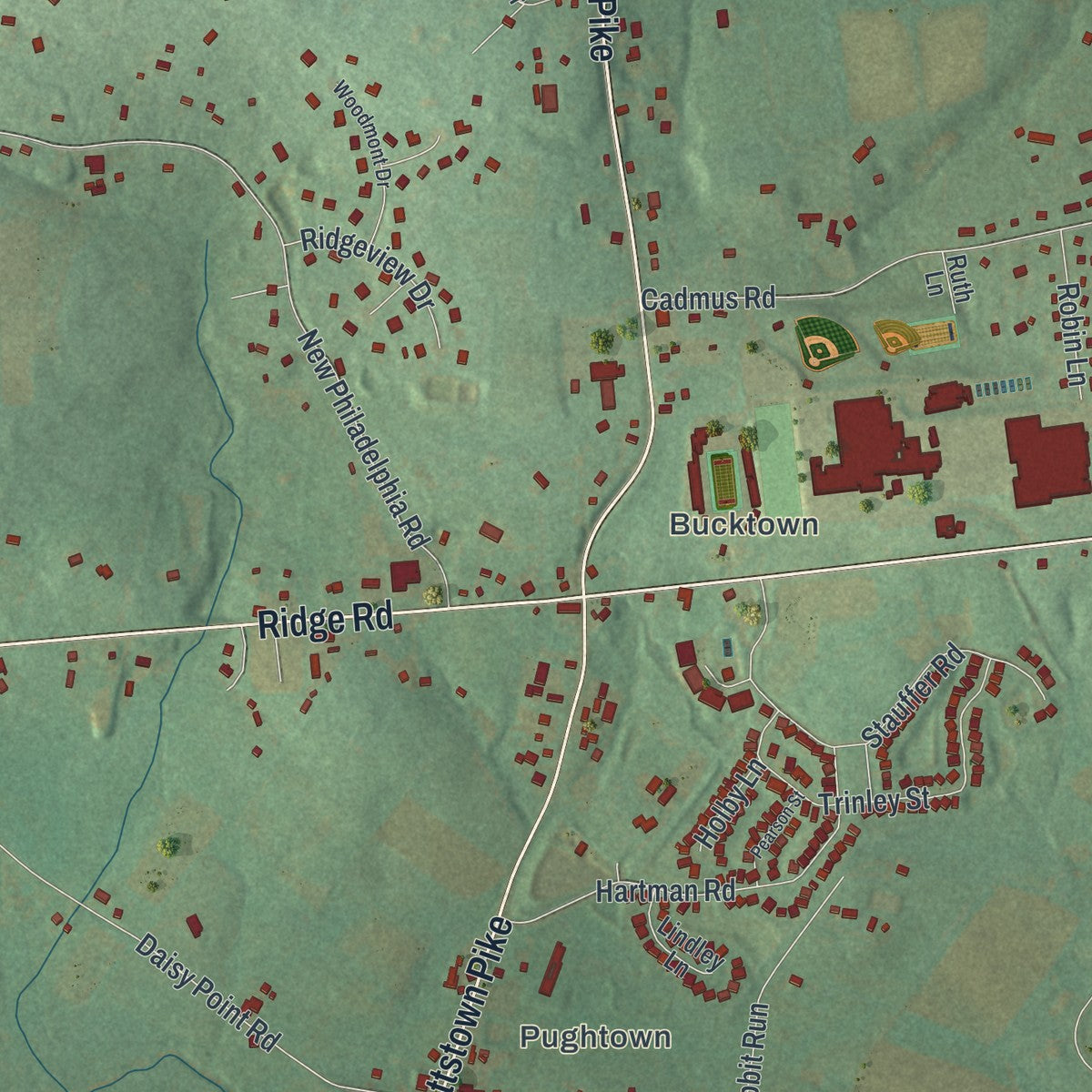 Close-up of the map of South Coventry, Pennsylvania print showing street and building detail