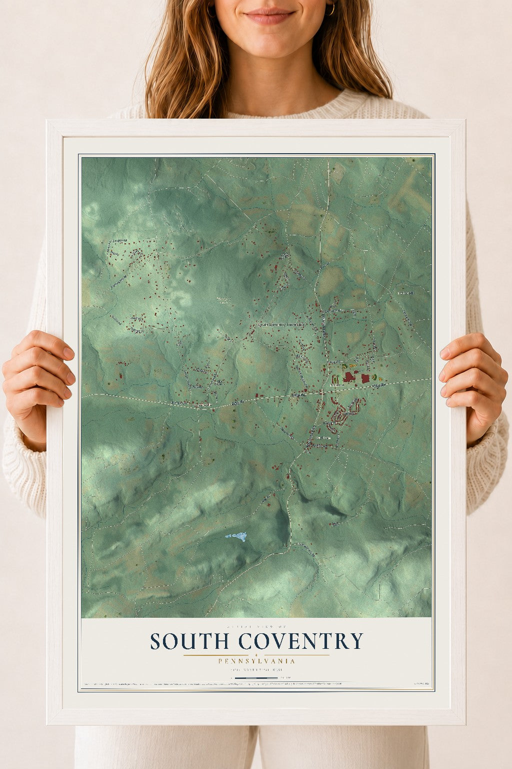 Map of South Coventry, Pennsylvania, 18 x 24 inch print in a white wood frame