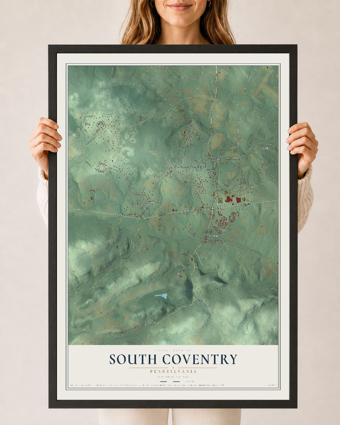 Map of South Coventry, Pennsylvania, 24 x 36 inch print in a black wood frame