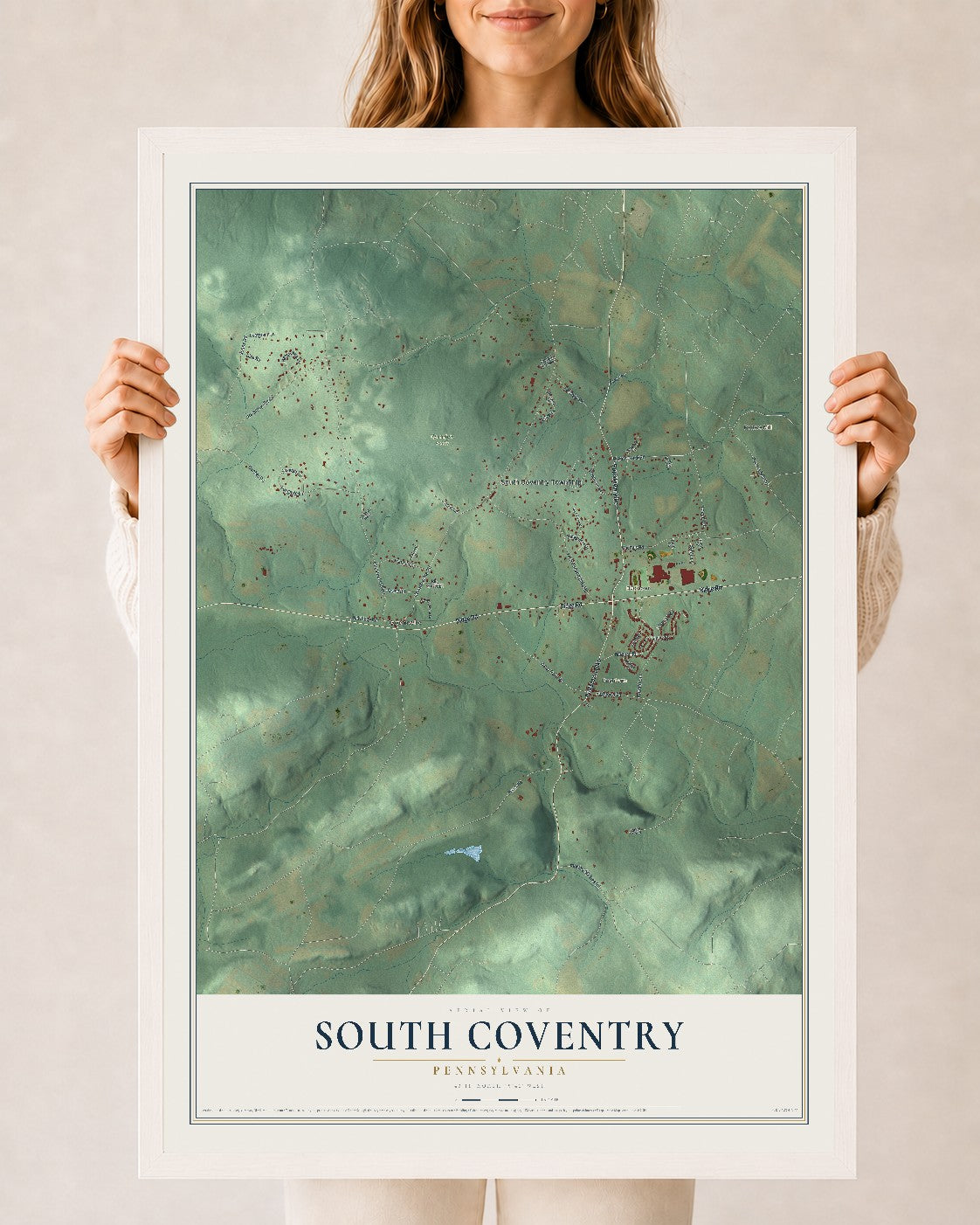 Map of South Coventry, Pennsylvania, 24 x 36 inch print in a white wood frame