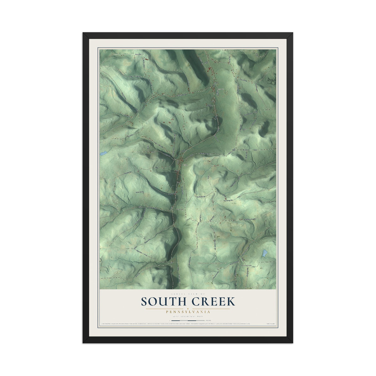 Map of South Creek, Pennsylvania, 12 x 18 inch print in a black wood frame