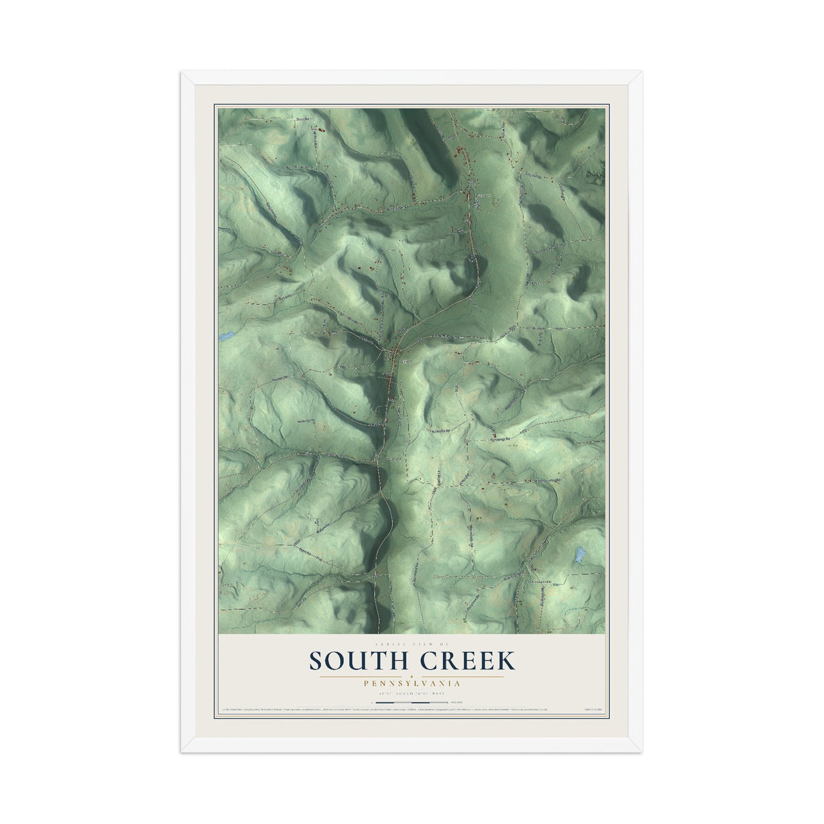 Map of South Creek, Pennsylvania, 12 x 18 inch print in a white wood frame