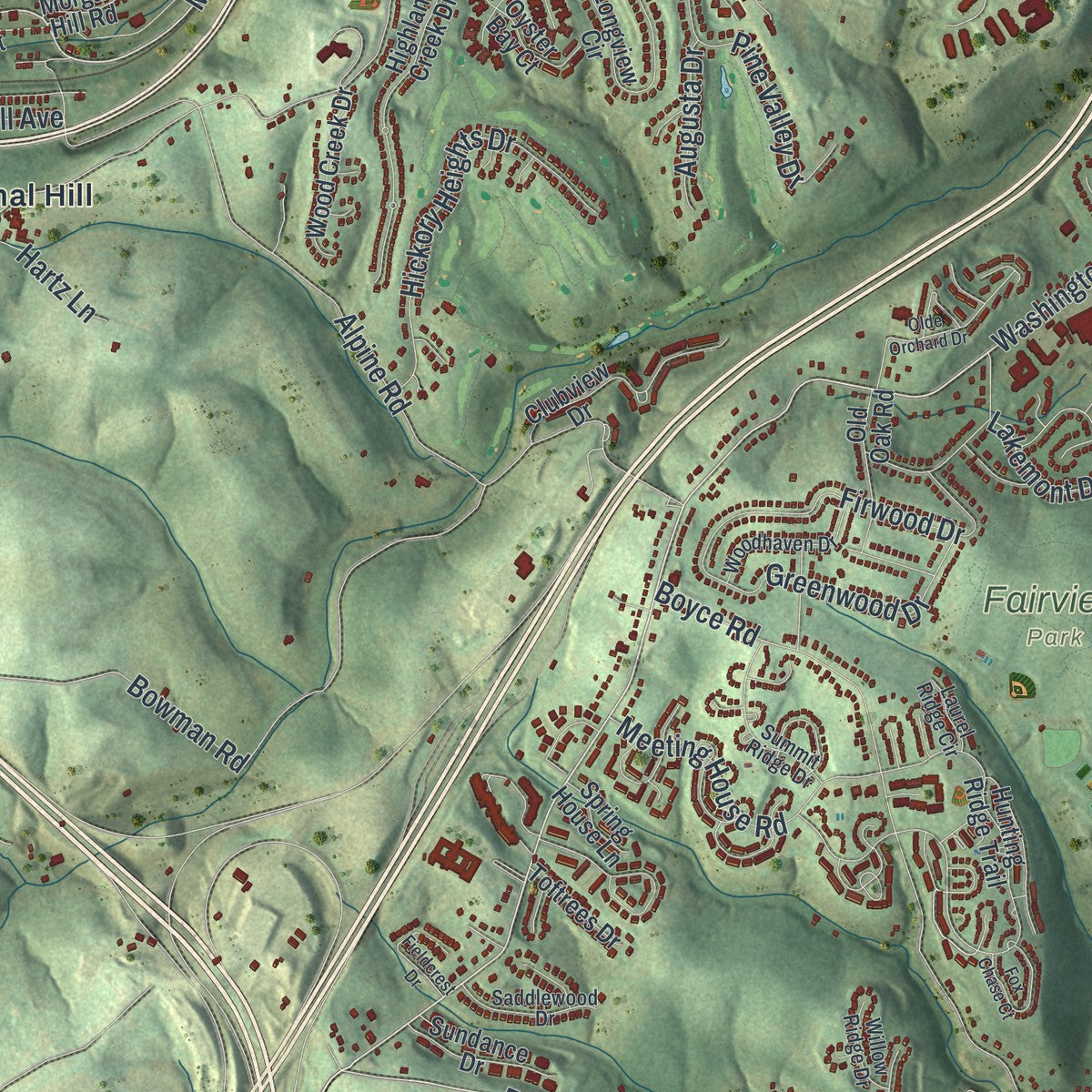 Close-up of the map of South Fayette, Pennsylvania print showing street and building detail