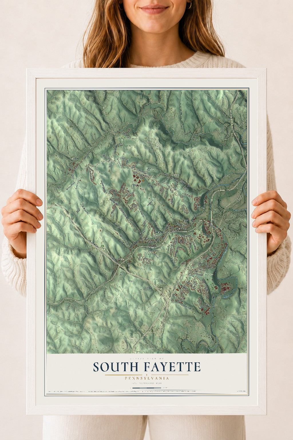 Map of South Fayette, Pennsylvania, 18 x 24 inch print in a white wood frame