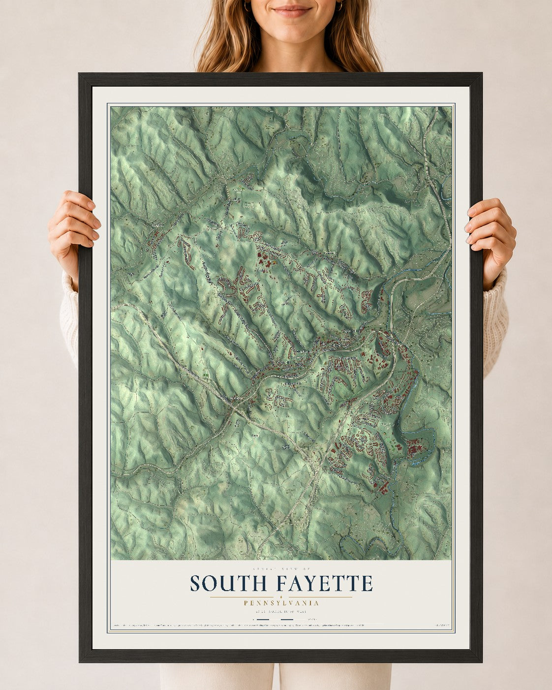 Map of South Fayette, Pennsylvania, 24 x 36 inch print in a black wood frame