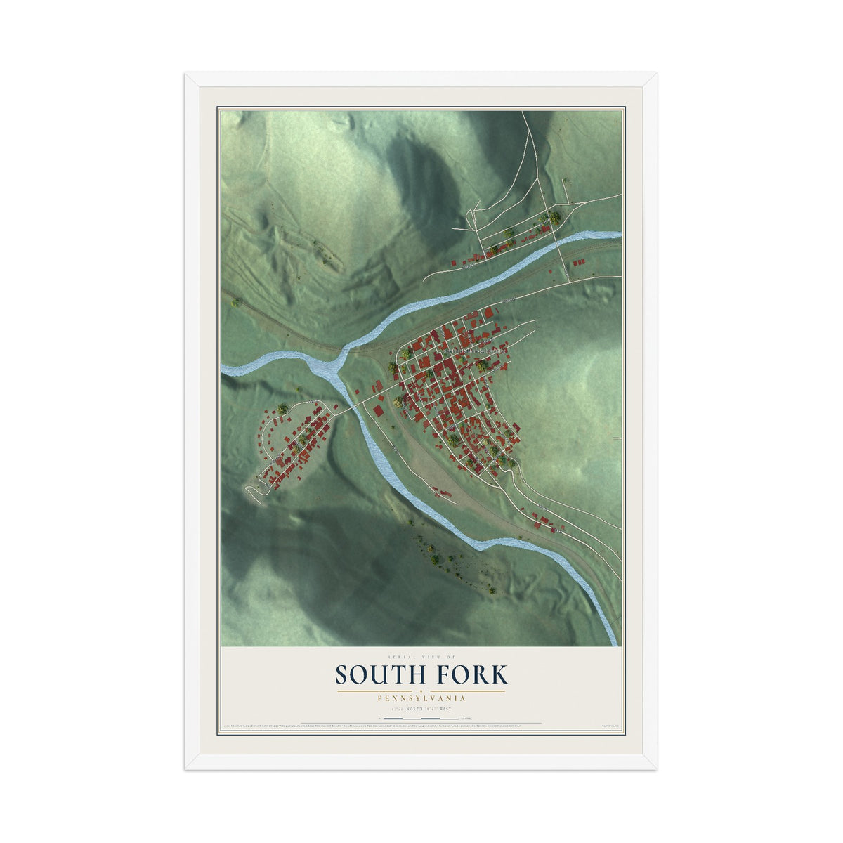 Map of South Fork, Pennsylvania, 12 x 18 inch print in a white wood frame