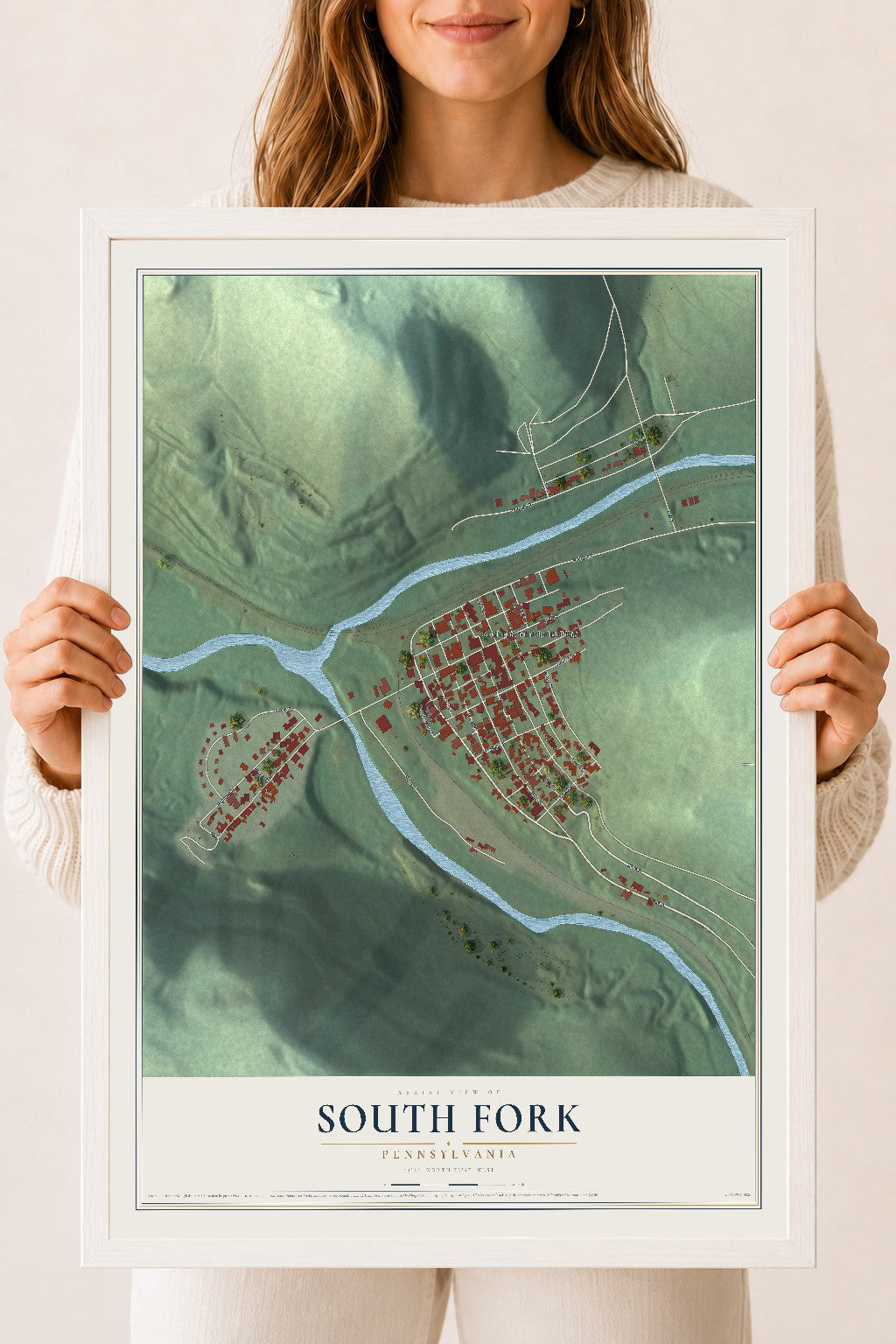Map of South Fork, Pennsylvania, 18 x 24 inch print in a white wood frame