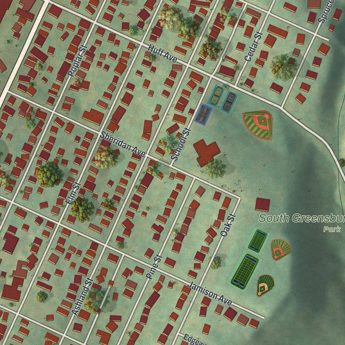 Close-up of the map of South Greensburg, Pennsylvania print showing street and building detail