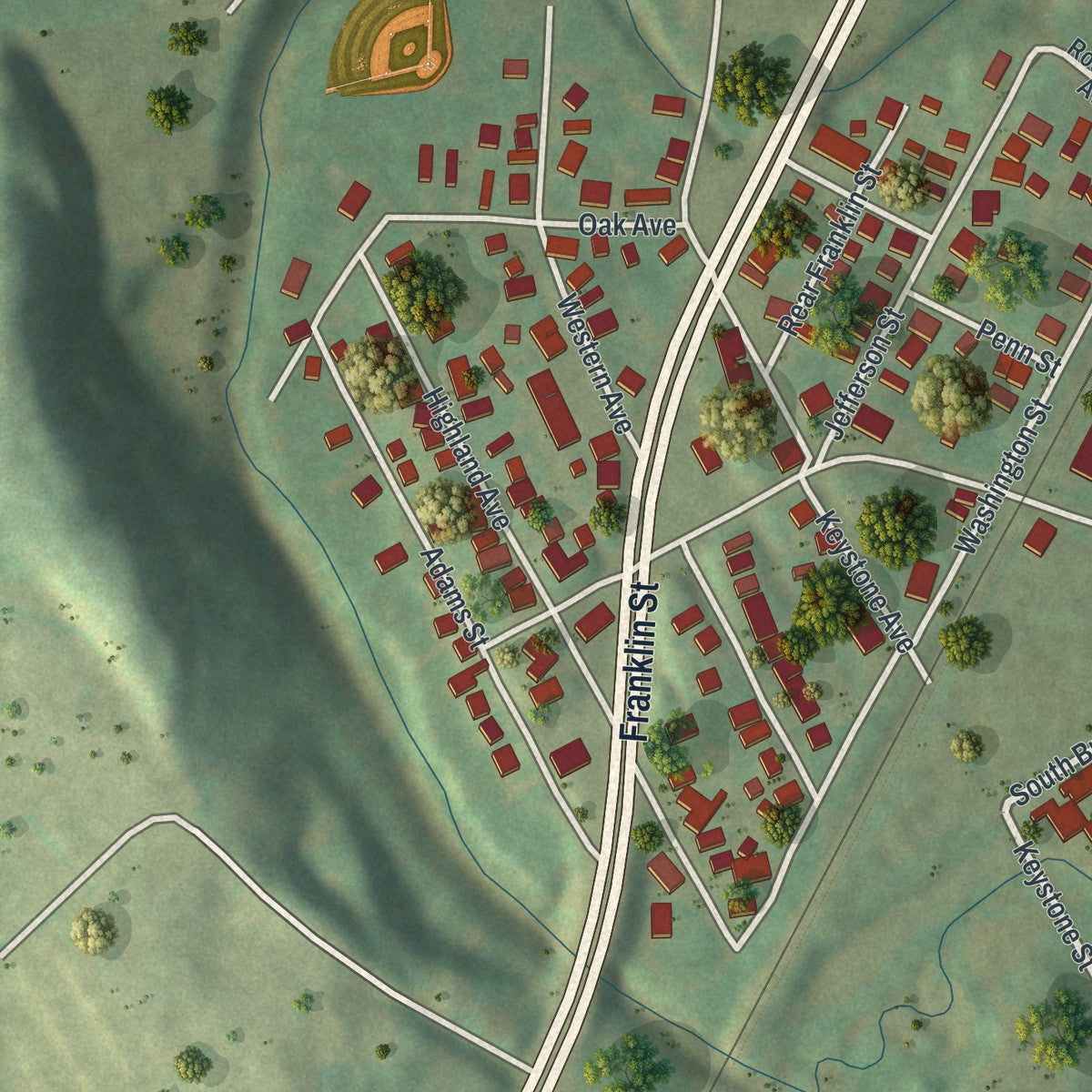 Second close-up of the map of South Greensburg, Pennsylvania print showing more streets and buildings