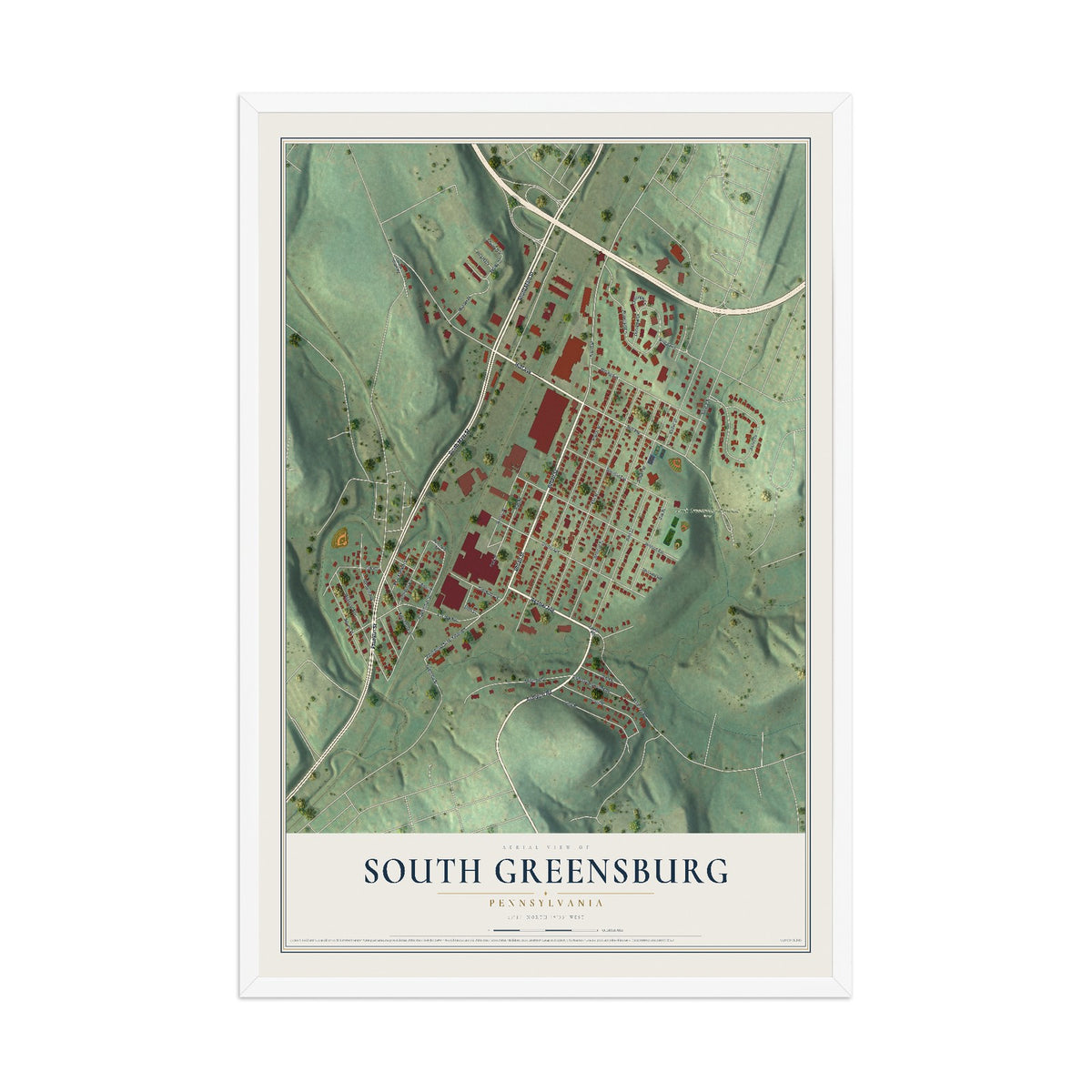 Map of South Greensburg, Pennsylvania, 12 x 18 inch print in a white wood frame