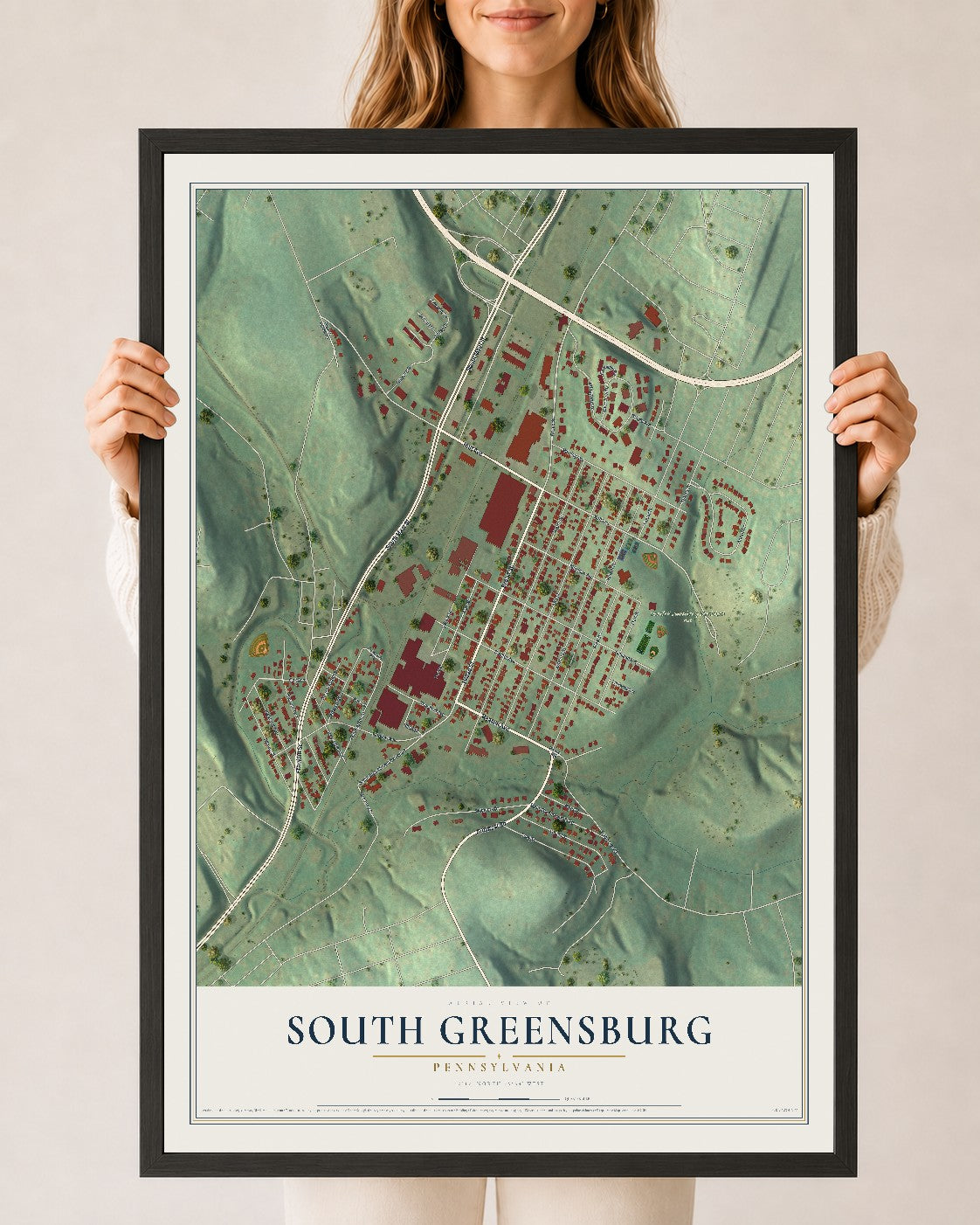 Map of South Greensburg, Pennsylvania, 24 x 36 inch print in a black wood frame