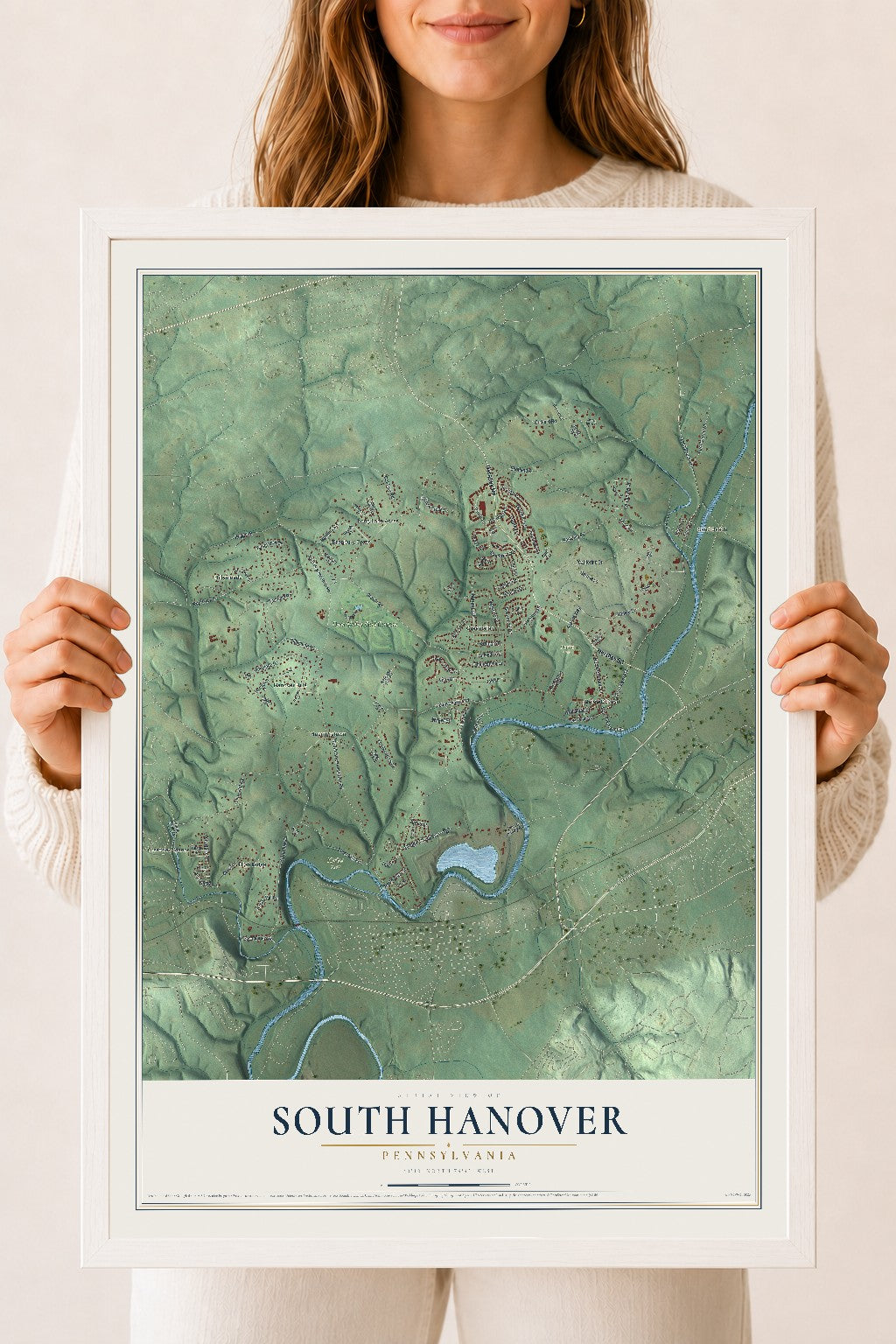 Map of South Hanover, Pennsylvania, 18 x 24 inch print in a white wood frame