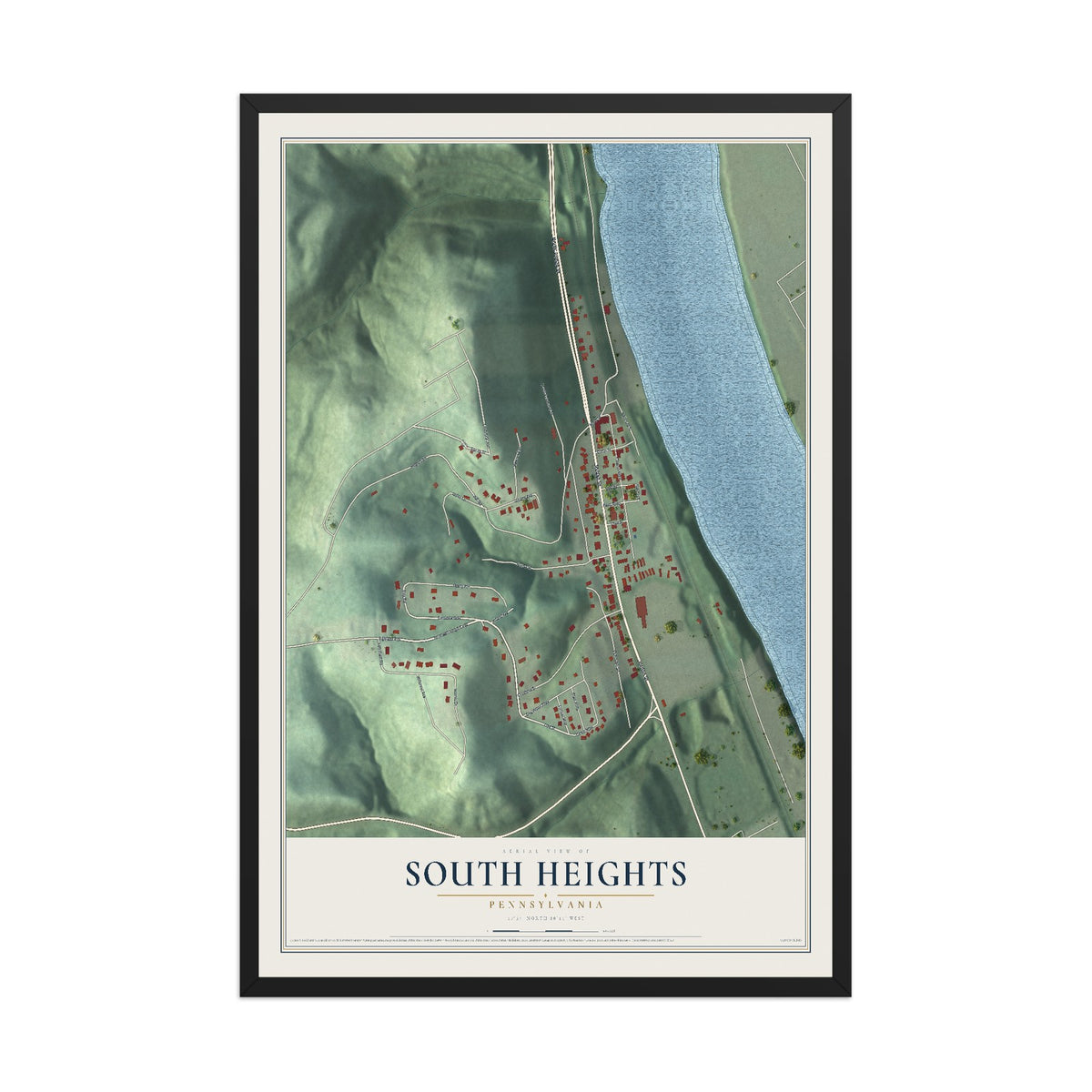Map of South Heights, Pennsylvania, 12 x 18 inch print in a black wood frame