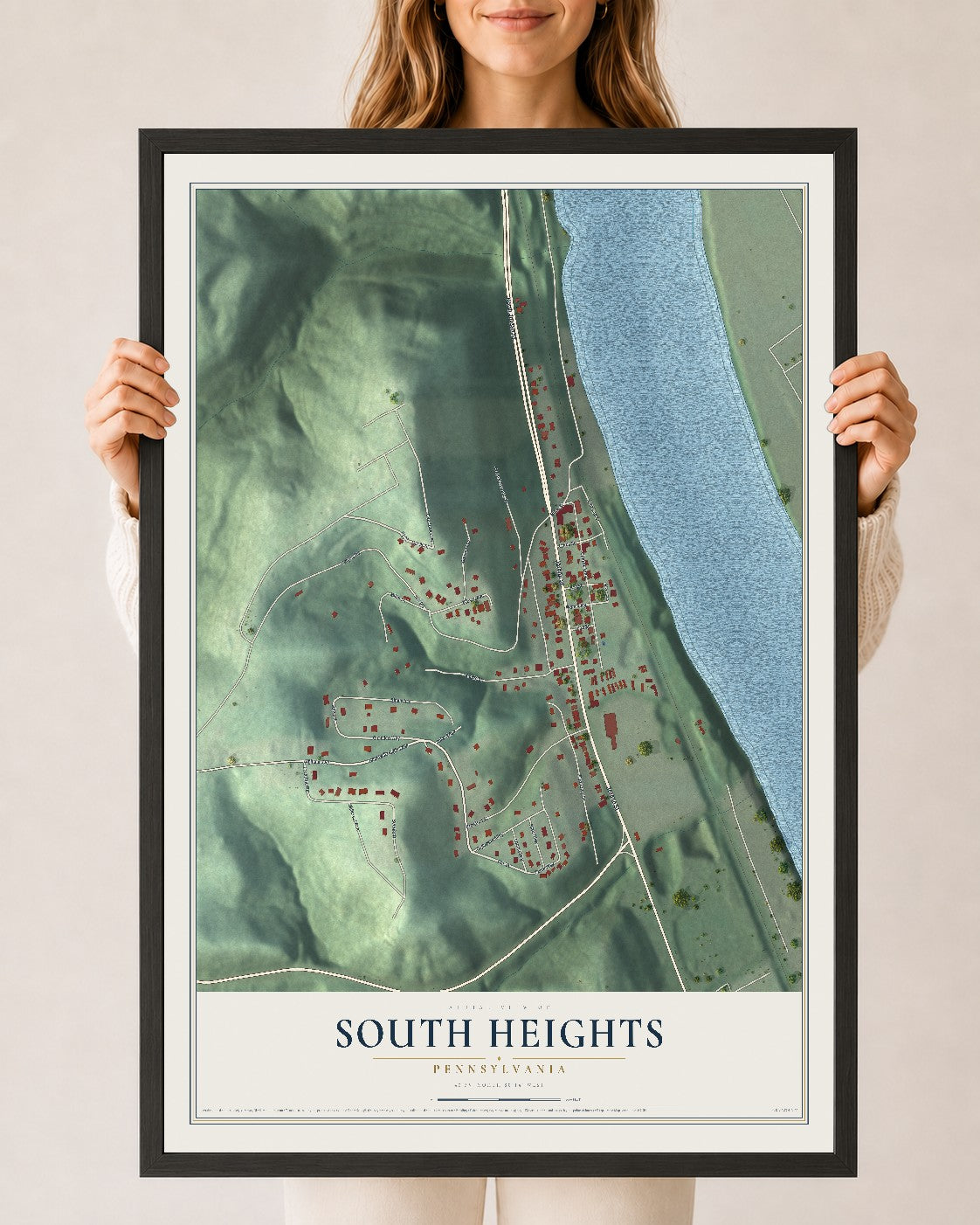 Map of South Heights, Pennsylvania, 24 x 36 inch print in a black wood frame