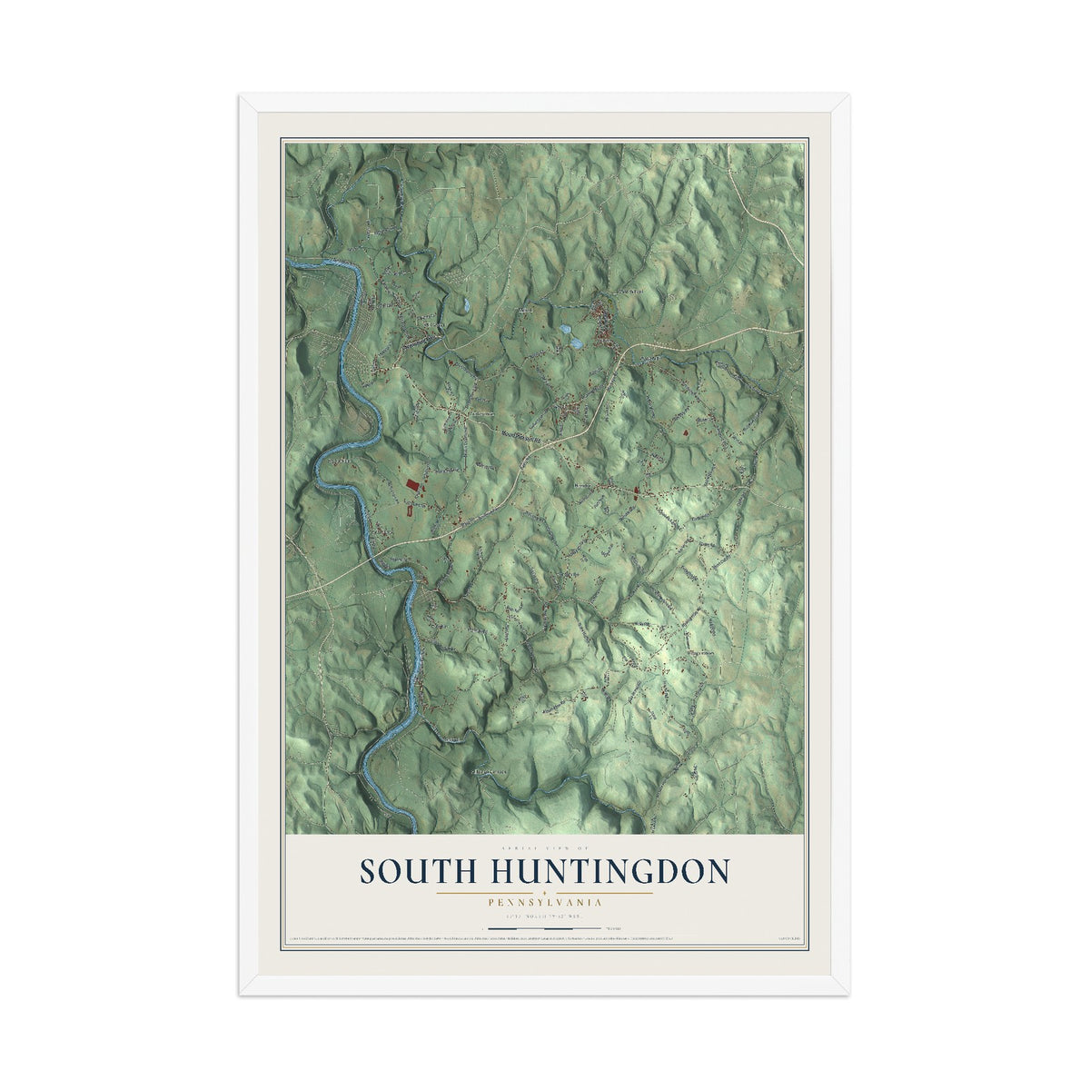 Map of South Huntingdon, Pennsylvania, 12 x 18 inch print in a white wood frame