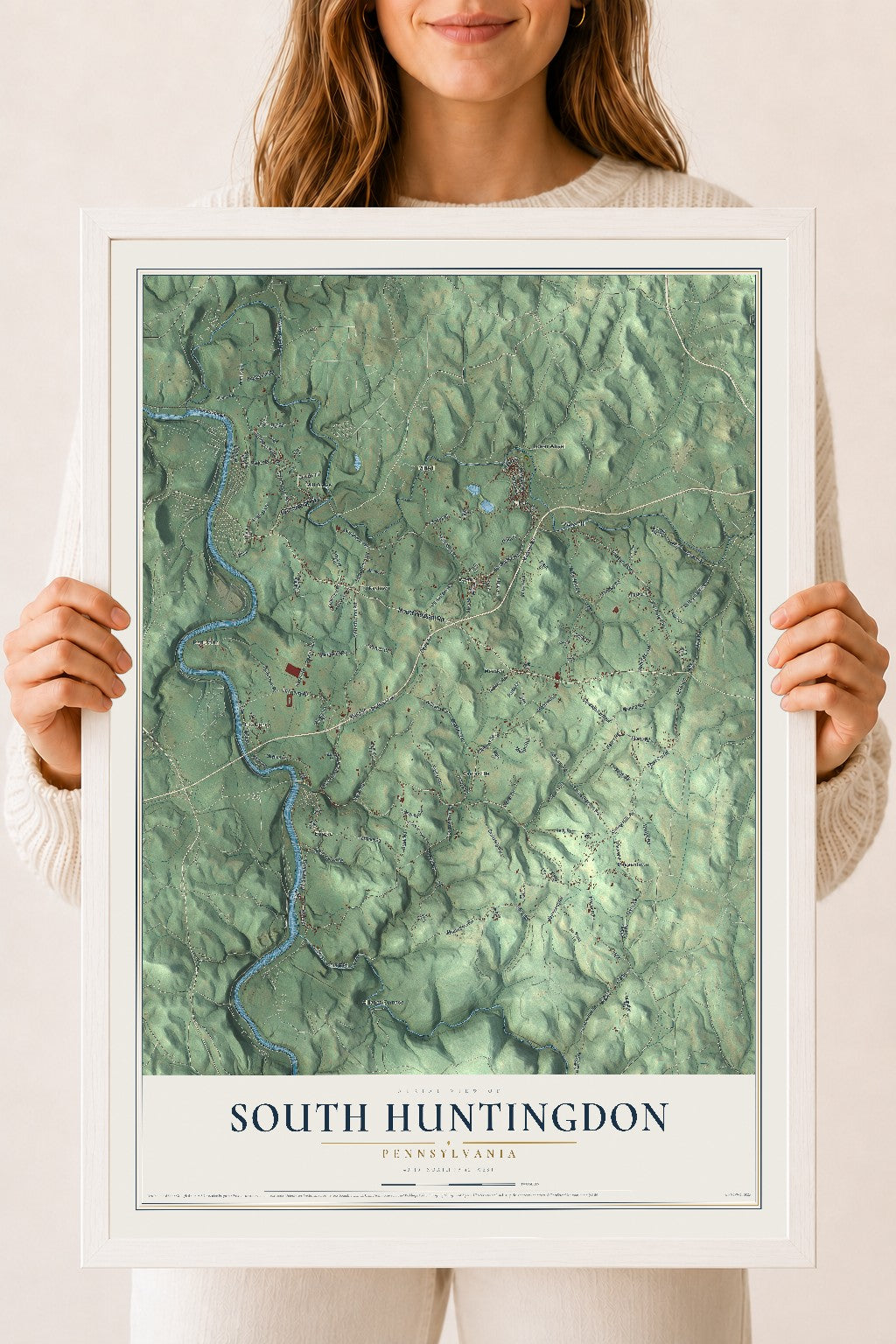 Map of South Huntingdon, Pennsylvania, 18 x 24 inch print in a white wood frame