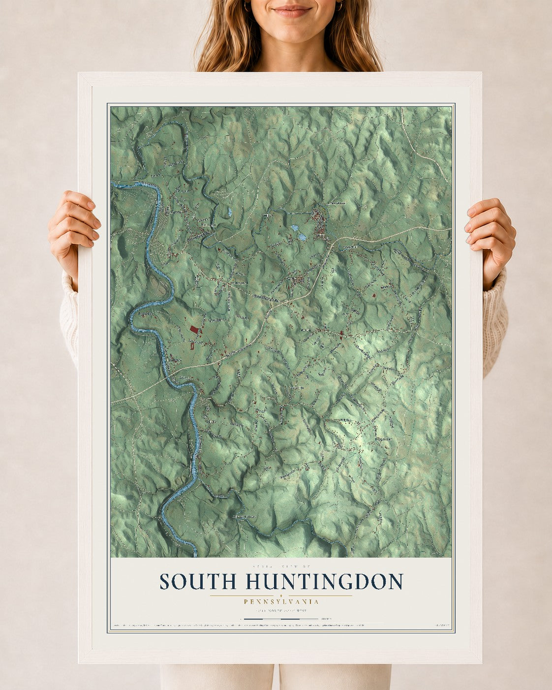 Map of South Huntingdon, Pennsylvania, 24 x 36 inch print in a white wood frame