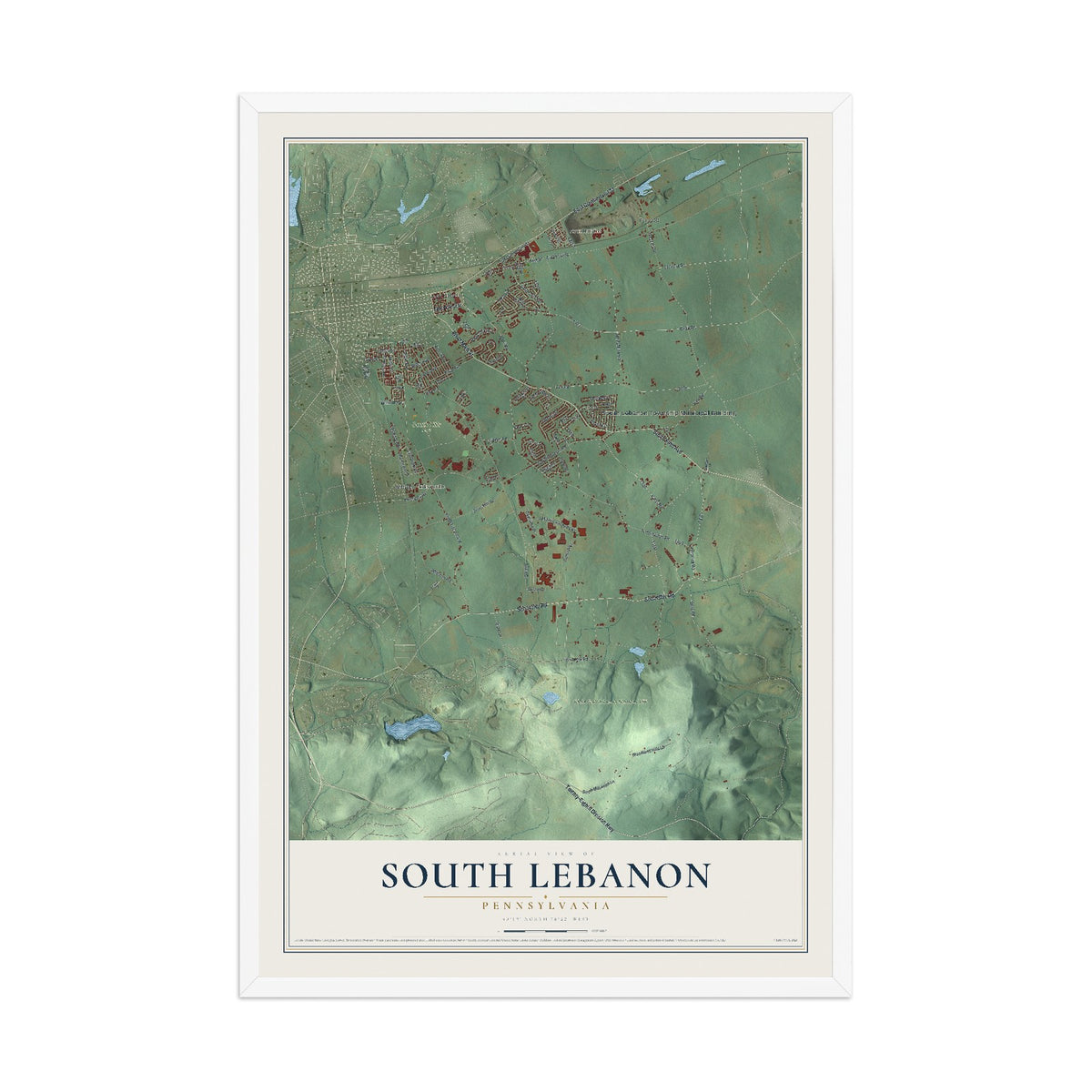Map of South Lebanon, Pennsylvania, 12 x 18 inch print in a white wood frame