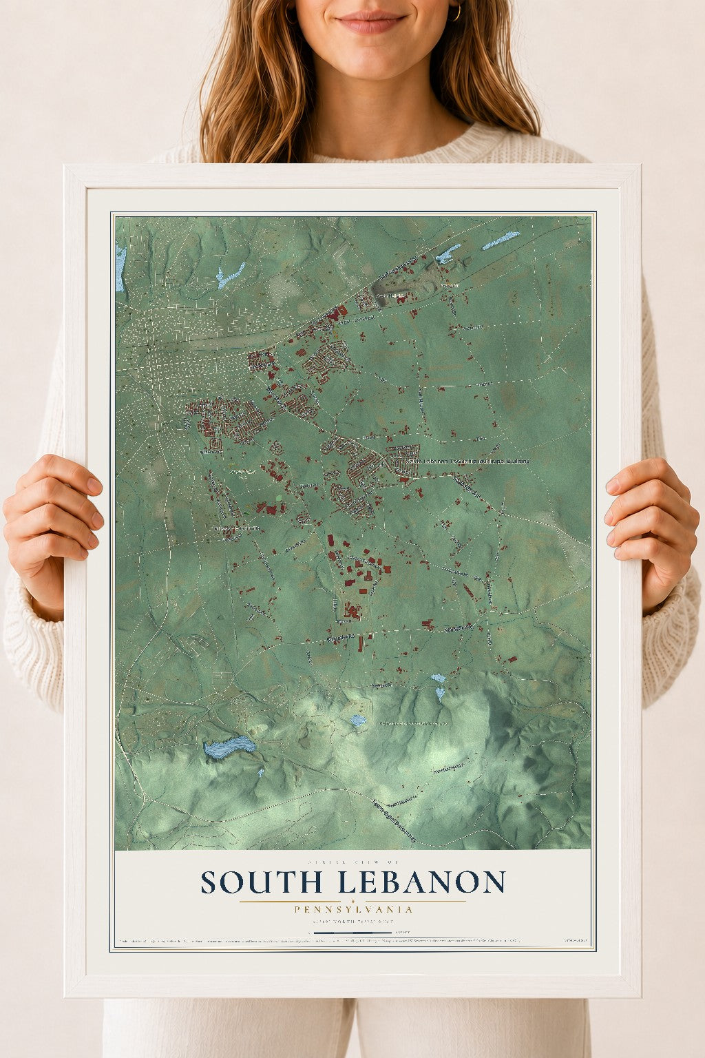 Map of South Lebanon, Pennsylvania, 18 x 24 inch print in a white wood frame