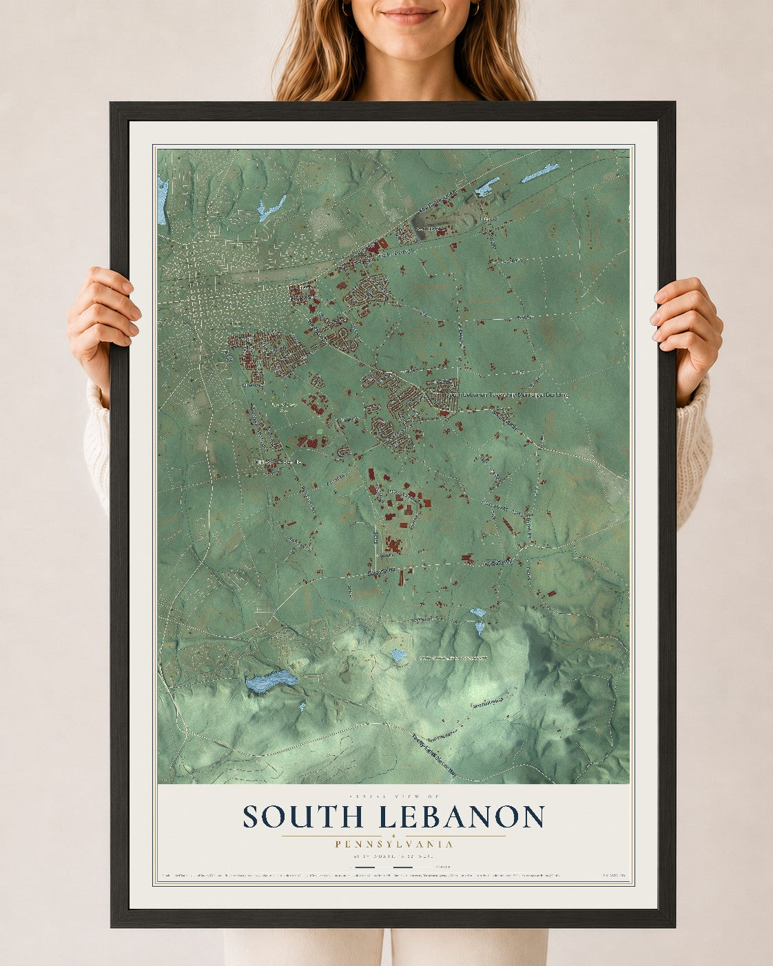 Map of South Lebanon, Pennsylvania, 24 x 36 inch print in a black wood frame