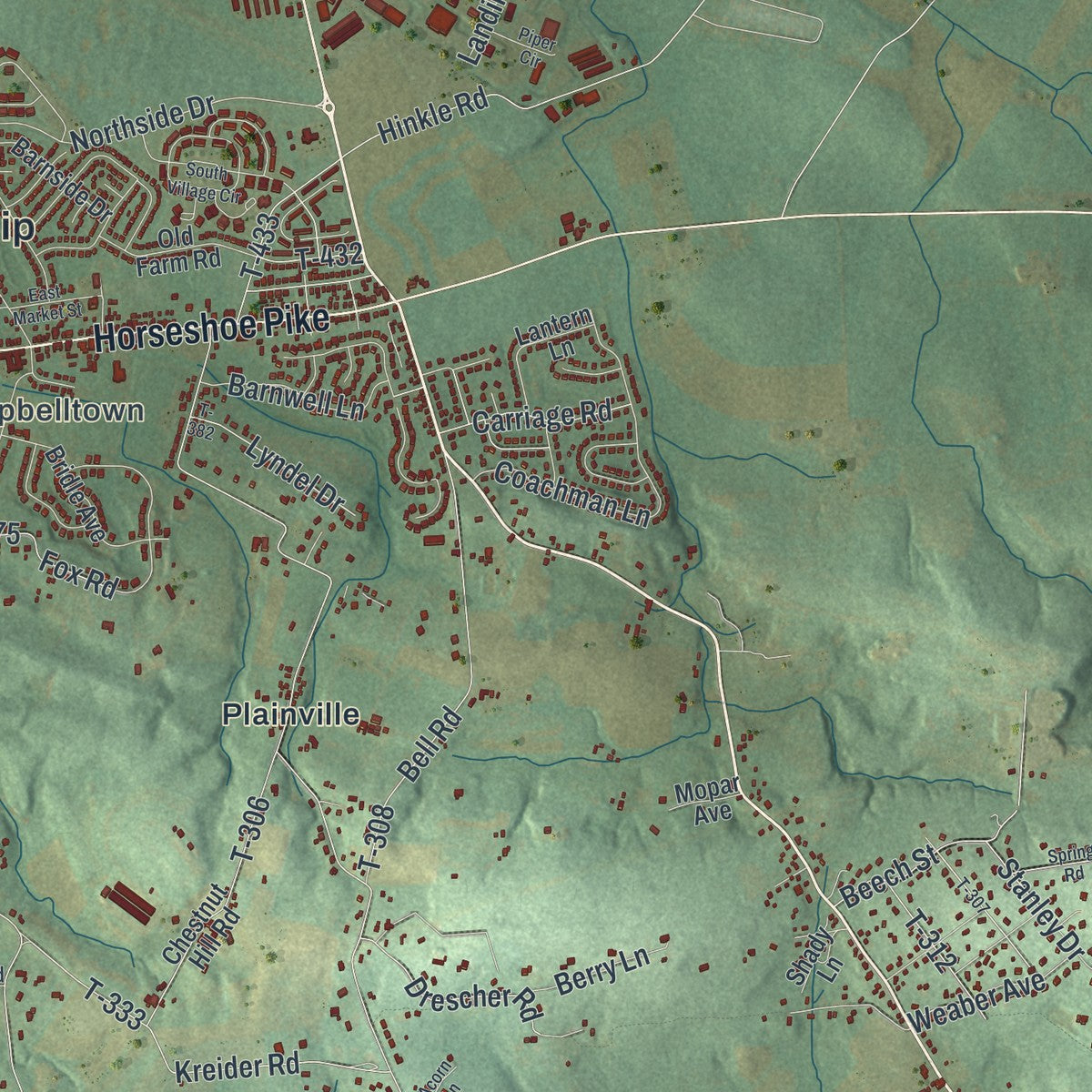 Close-up of the map of South Londonderry, Pennsylvania print showing street and building detail